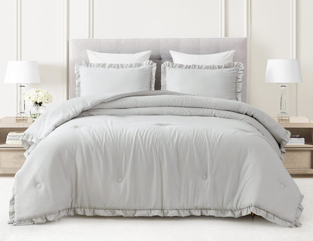 Chezmoi Collection Nora 3-Piece Ruffled Edge Trim Soft Washed Microfiber Comforter Set (Oversized Queen, Light Gray)