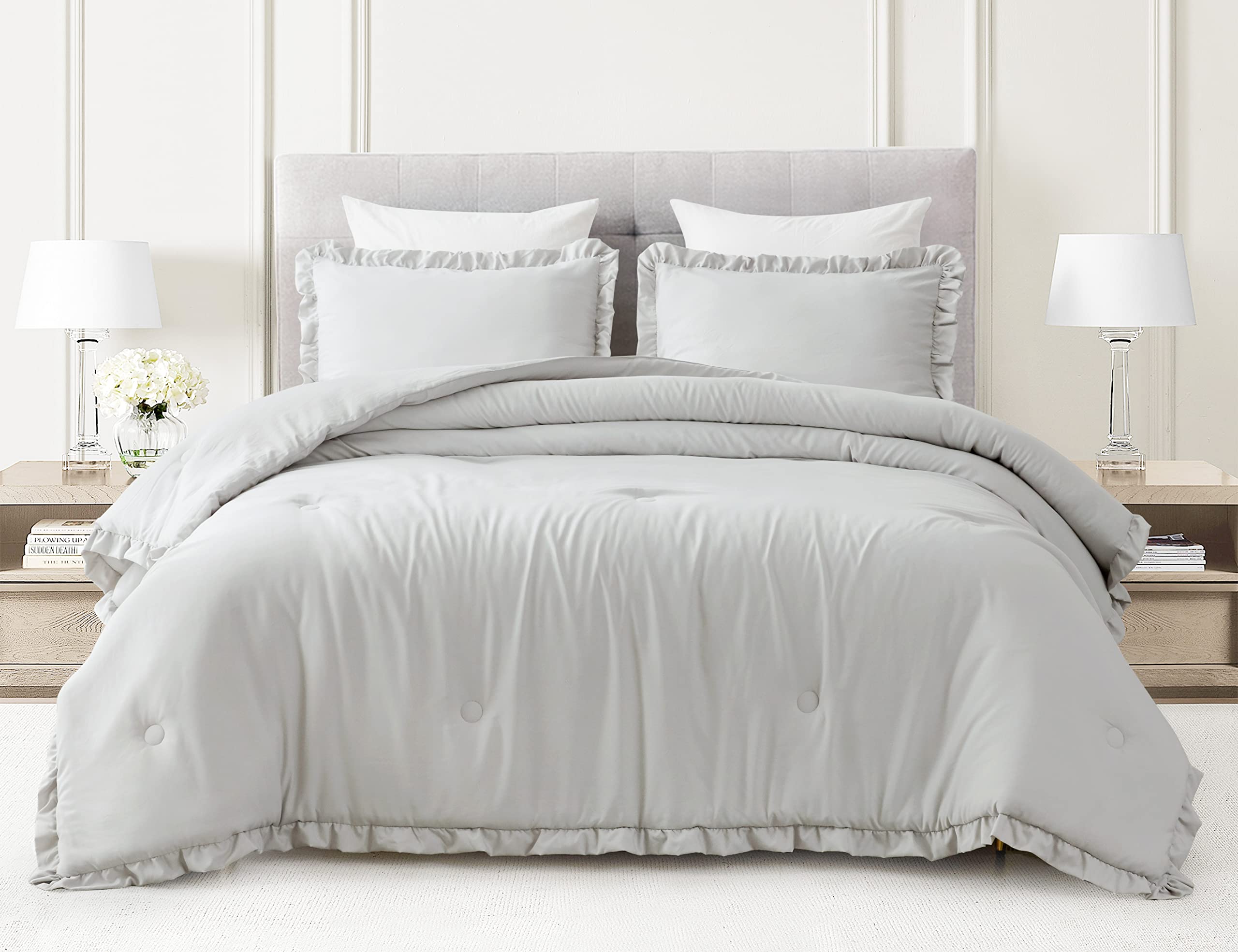 Chezmoi Collection Nora 3-Piece Ruffled Edge Trim Soft Washed Microfiber Comforter Set (Oversized Queen, Light Gray)