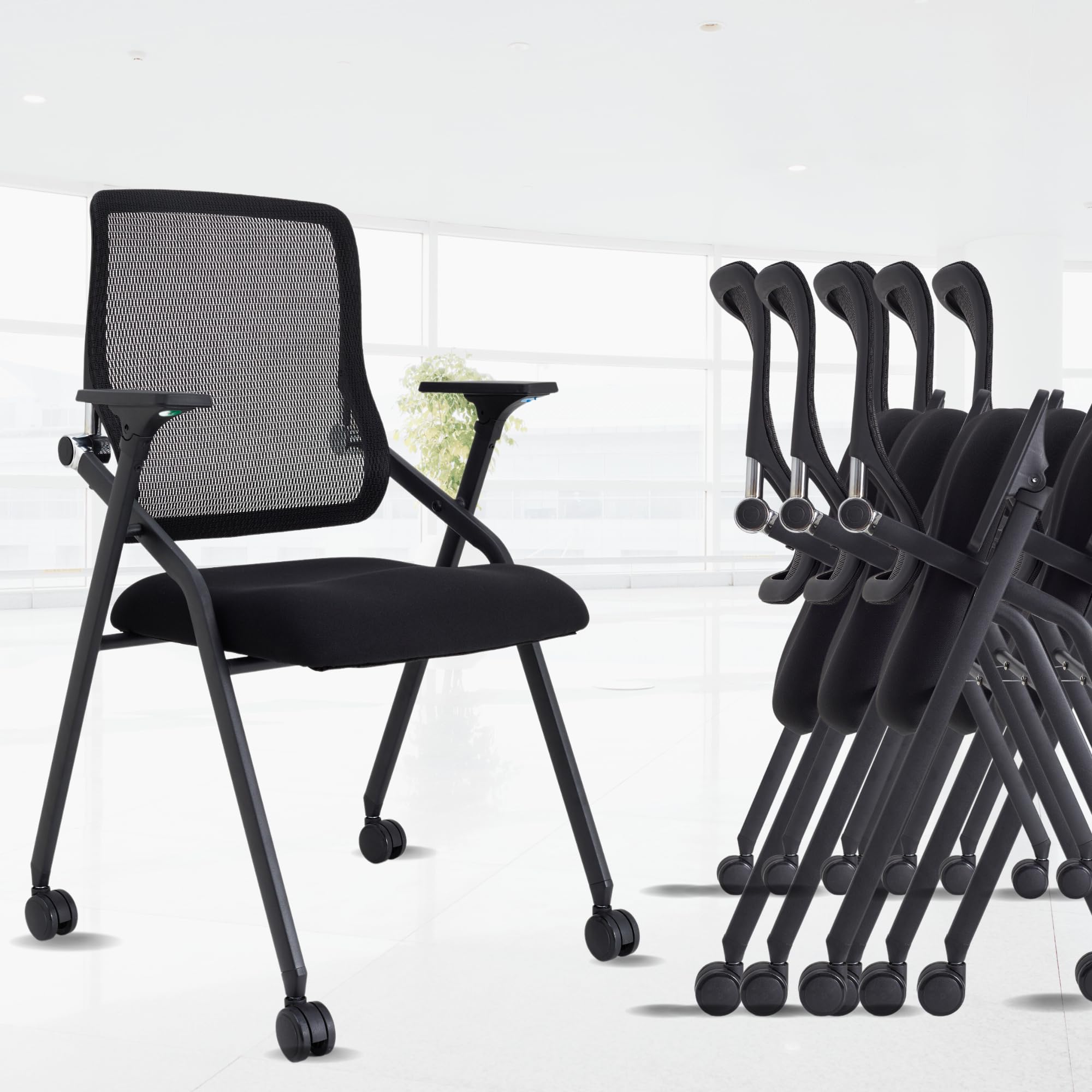 Brobriyo 8 Pack Stackable & Foldable Conference Room Chairs With Lumbar Support, Armrest - Ergonomic Mesh Bouncing Back For Offi