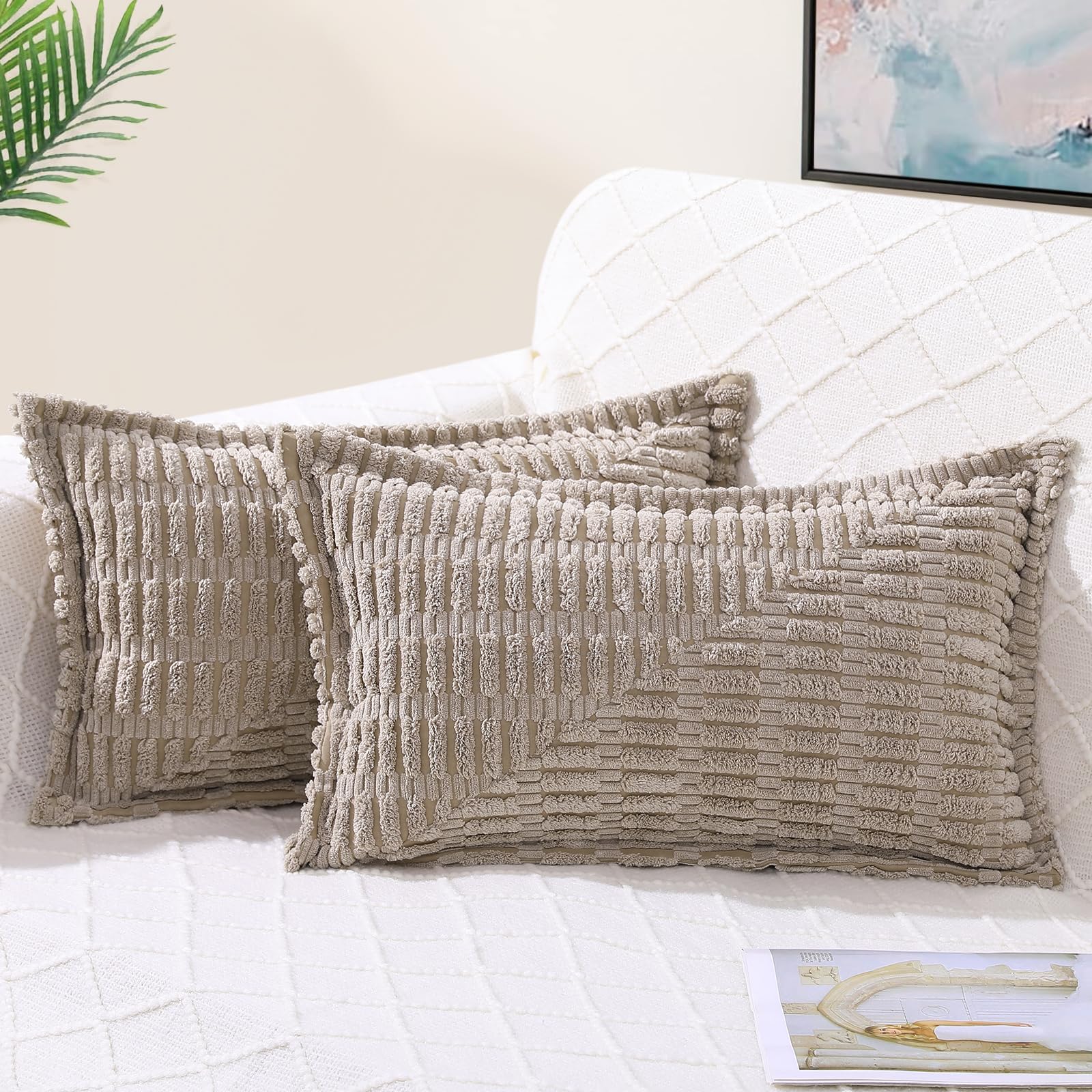 Decoruhome Decorative Khaki Throw Pillow Covers 12X20 Set Of 2 With Splicing, Boho Lumbar Soft Corduroy Broadside Twill Pillow C