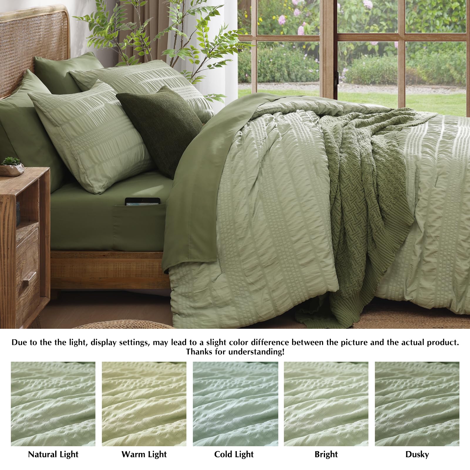 Casaagusto Queen Comforter Set, 7 Pieces Sage Green Seersucker Bed In A Bag Queen Size Soft All Seasons, Bedding Sets With Comfo