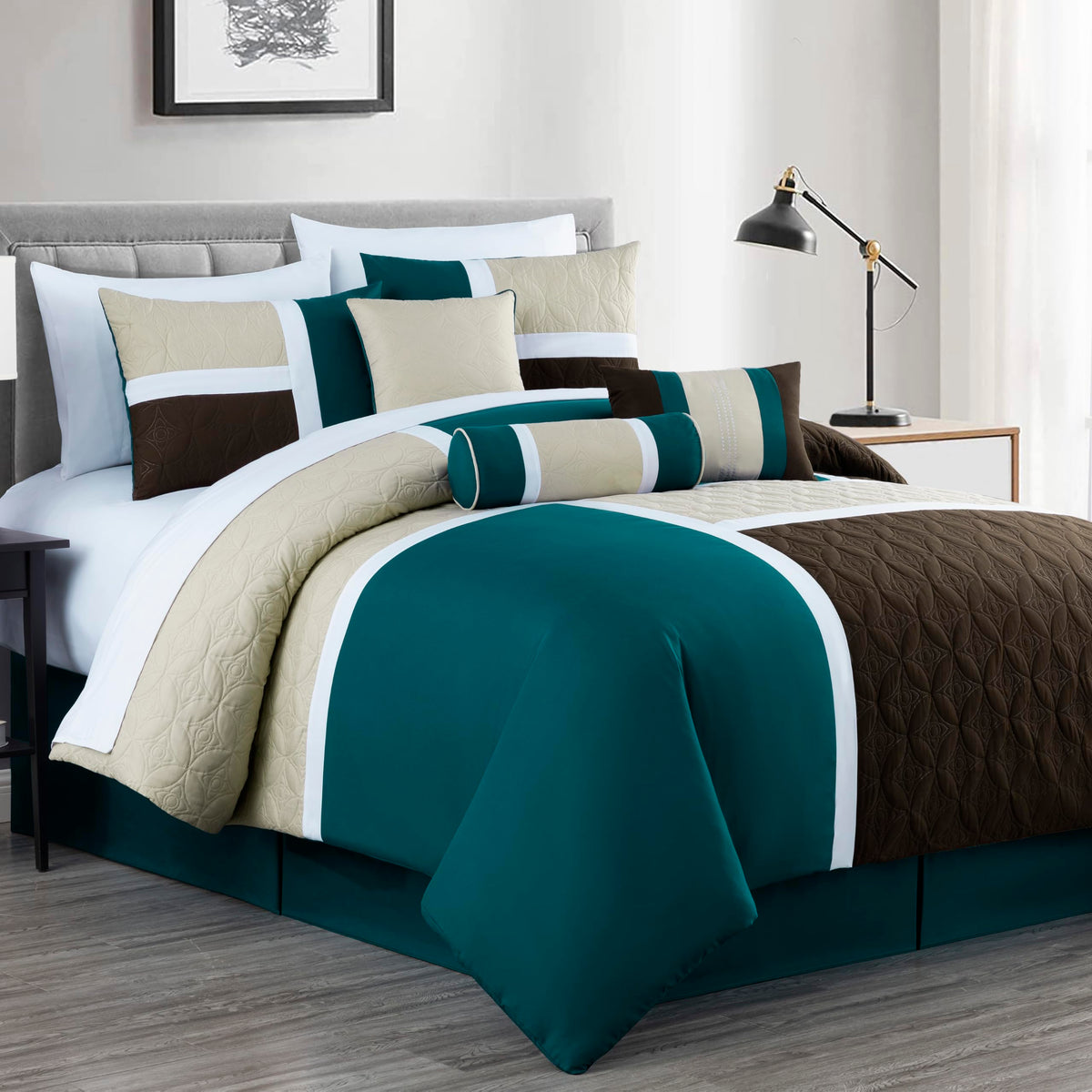 Chezmoi Collection Upland 7-Piece Quilted Patchwork Comforter Set, Teal/Beige/Brown, Queen