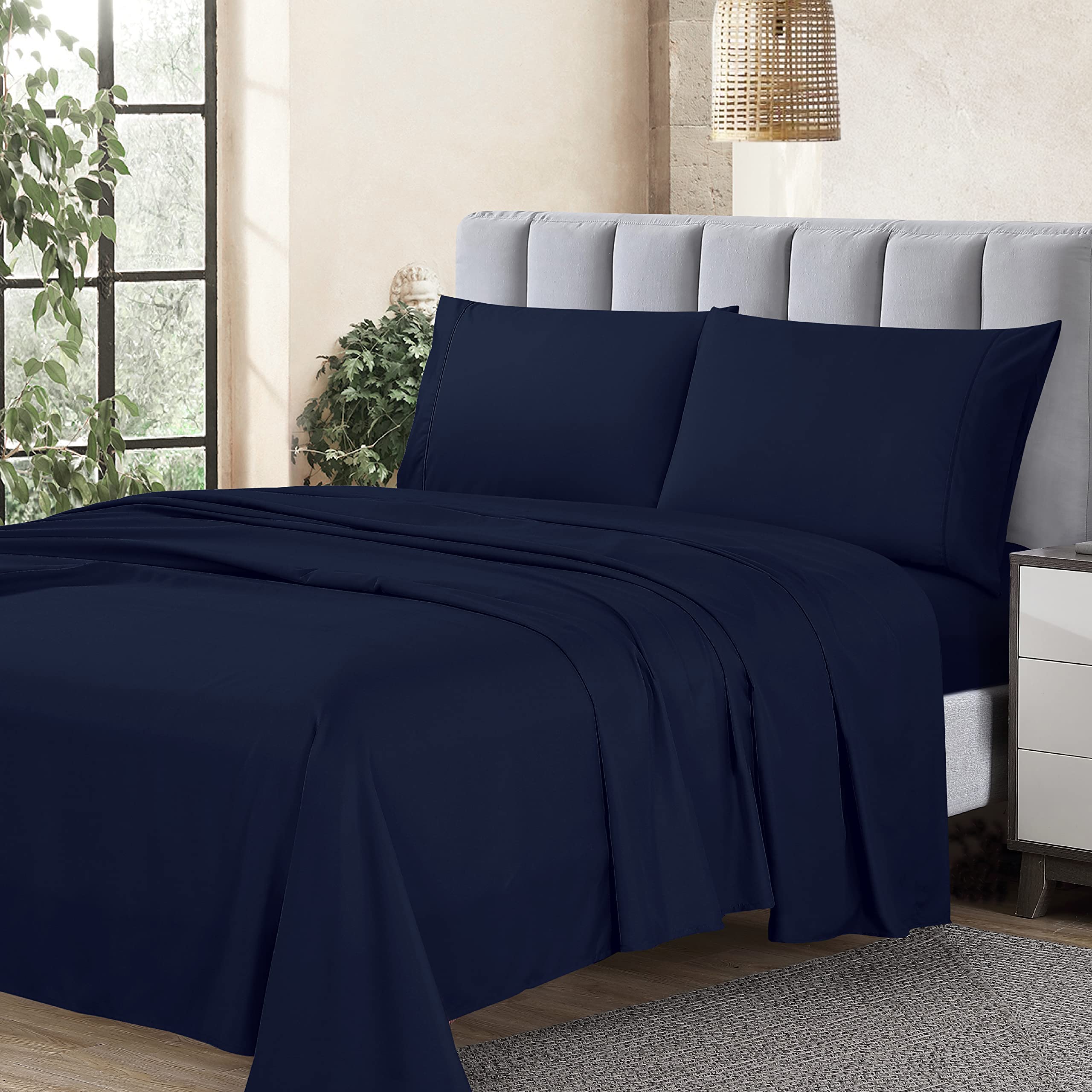 Cathay Home Essentials Ultra Soft Hypoallergenic Wrinkle Resistant Double Brushed Microfiber Bedding Sheet Set, Navy, Twin