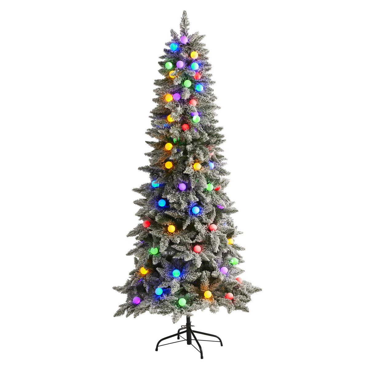 Nearly Natural 6.5Ft. Flocked British Columbia Mountain Fir Artificial Christmas Tree In Decorative Planter With 75 Multi Color