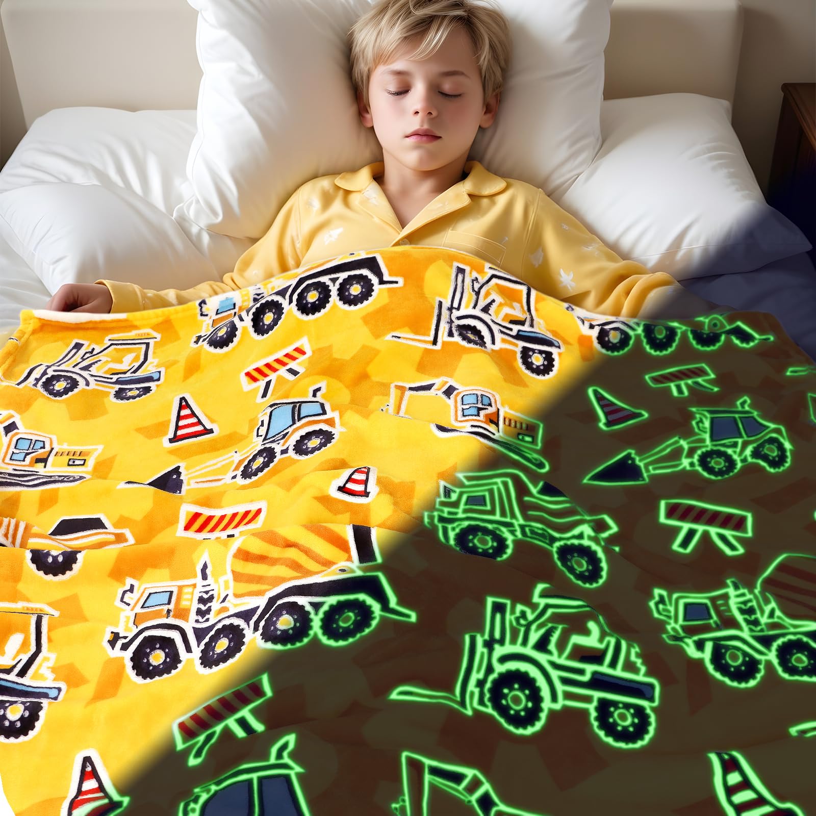 Excavator Blanket Construction Gifts For Kids Glow In The Dark Truck Blanket Soft Tractor Toys Throw Blankets Boys Car Theme Dec