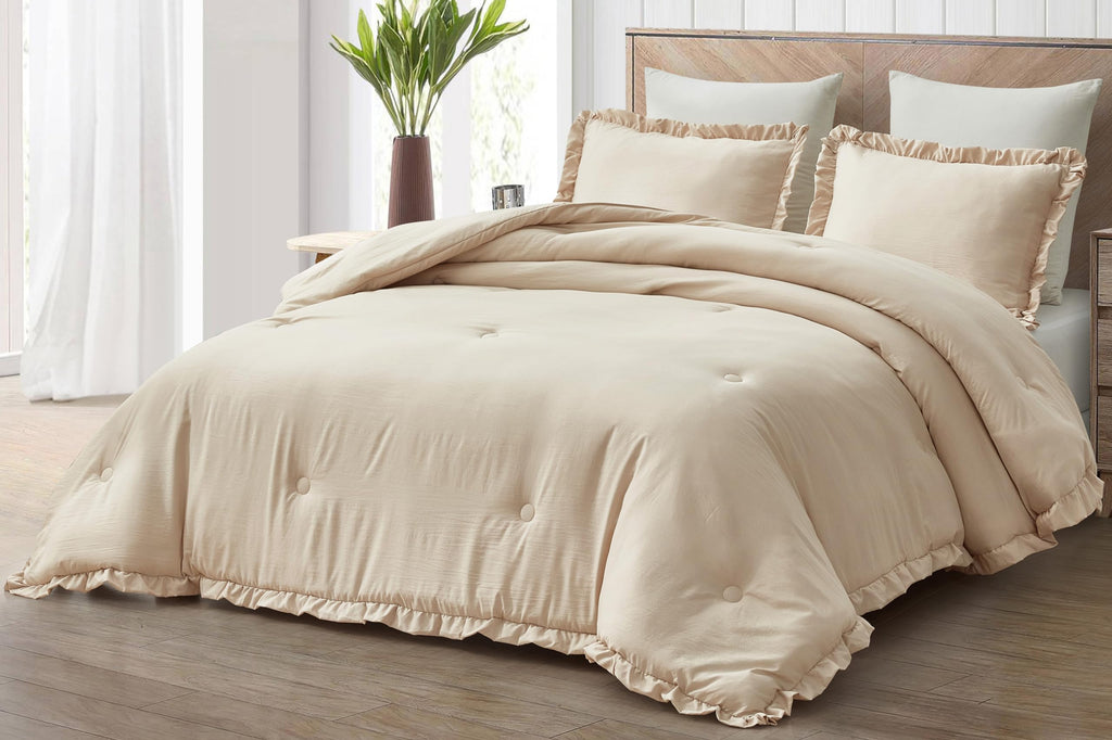 Chezmoi Collection Nora Light Sand Comforter Set King Size 3-Piece Fluffy Soft Lightweight Bedding Ruffled Edge Trim Stone-Washe