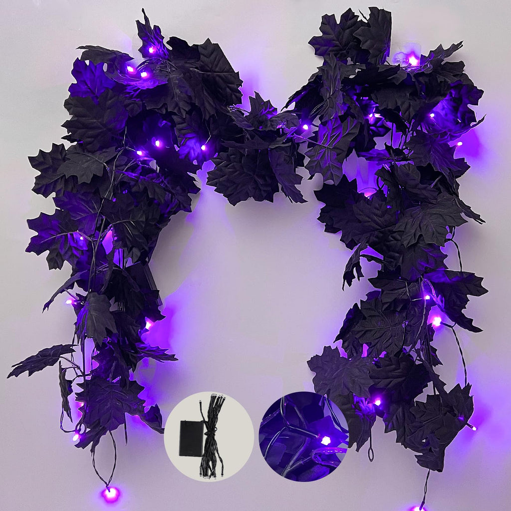 RECUTMS Artificial Maple Leaves Maple Leaf with Lights 5.7Ft Fall Maple Leaf Garland Hanging Black with 30 Lights The Artificial