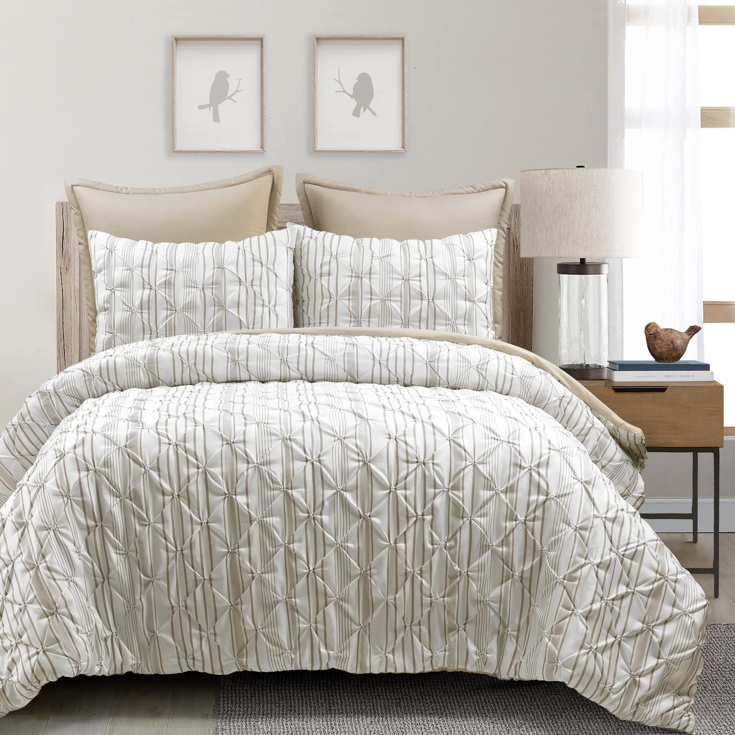 Lush Decor Ravello Pintuck Striped Comforter Set - Luxe 5 Piece Reversible Bedding Set - Traditional Glam & Farmhouse Inspired B