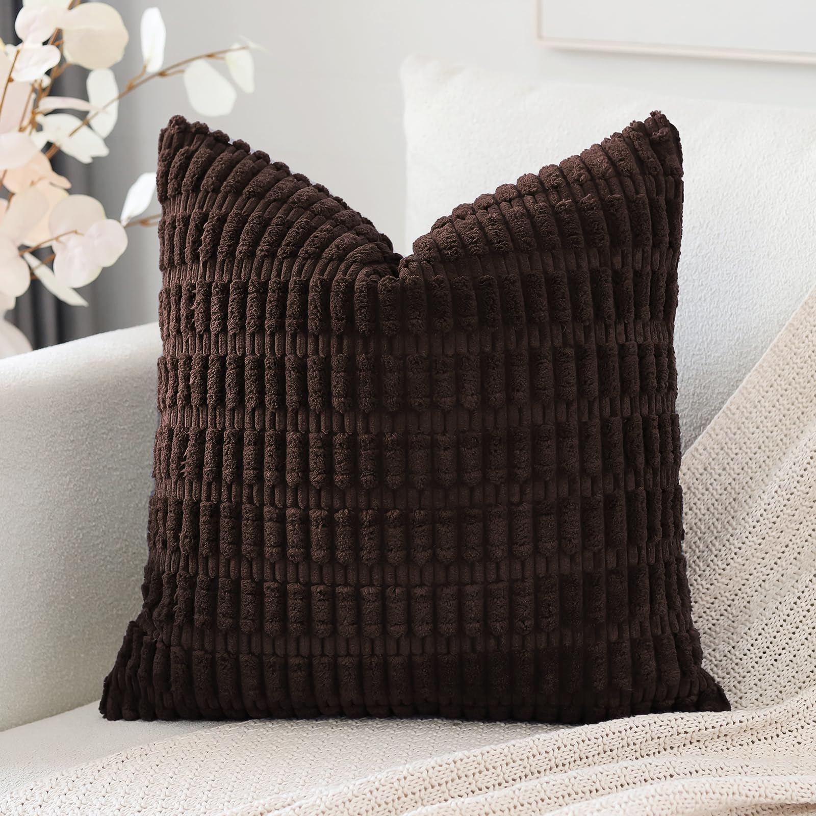 Otostar Corduroy Decorative Throw Pillow Covers 22X22 Inch Super Soft Boho Striped Square Pillow Covers Case Modern Cushion Covers For Sofa Couch Bedroom Car Decor Dark Brown
