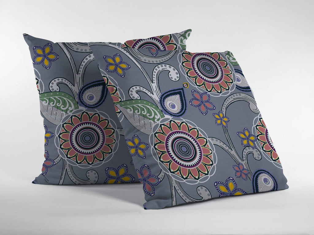 HomeRoots Red, Orange, Blue, Green On Gray Broadcloth 26â€ Gray Pink Floral Indoor Outdoor Throw Pillow