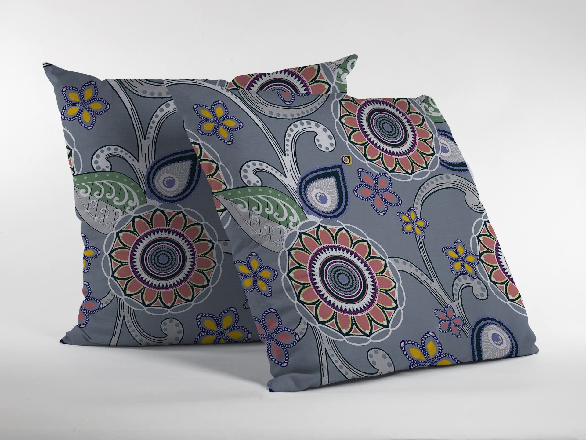 HomeRoots Red, Orange, Blue, Green On Gray Broadcloth 26â€ Gray Pink Floral Indoor Outdoor Throw Pillow
