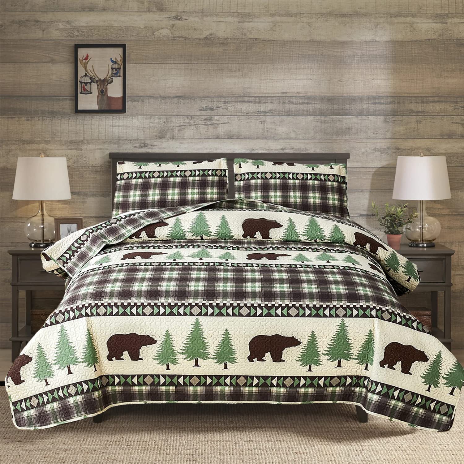 Junsey Cabin Bear Quilts Set Full/Queen Size, Lightweight Plaid Bedspread Coverlet Rustic Lodge Bedding Forest Tree Bed Sheet Wi