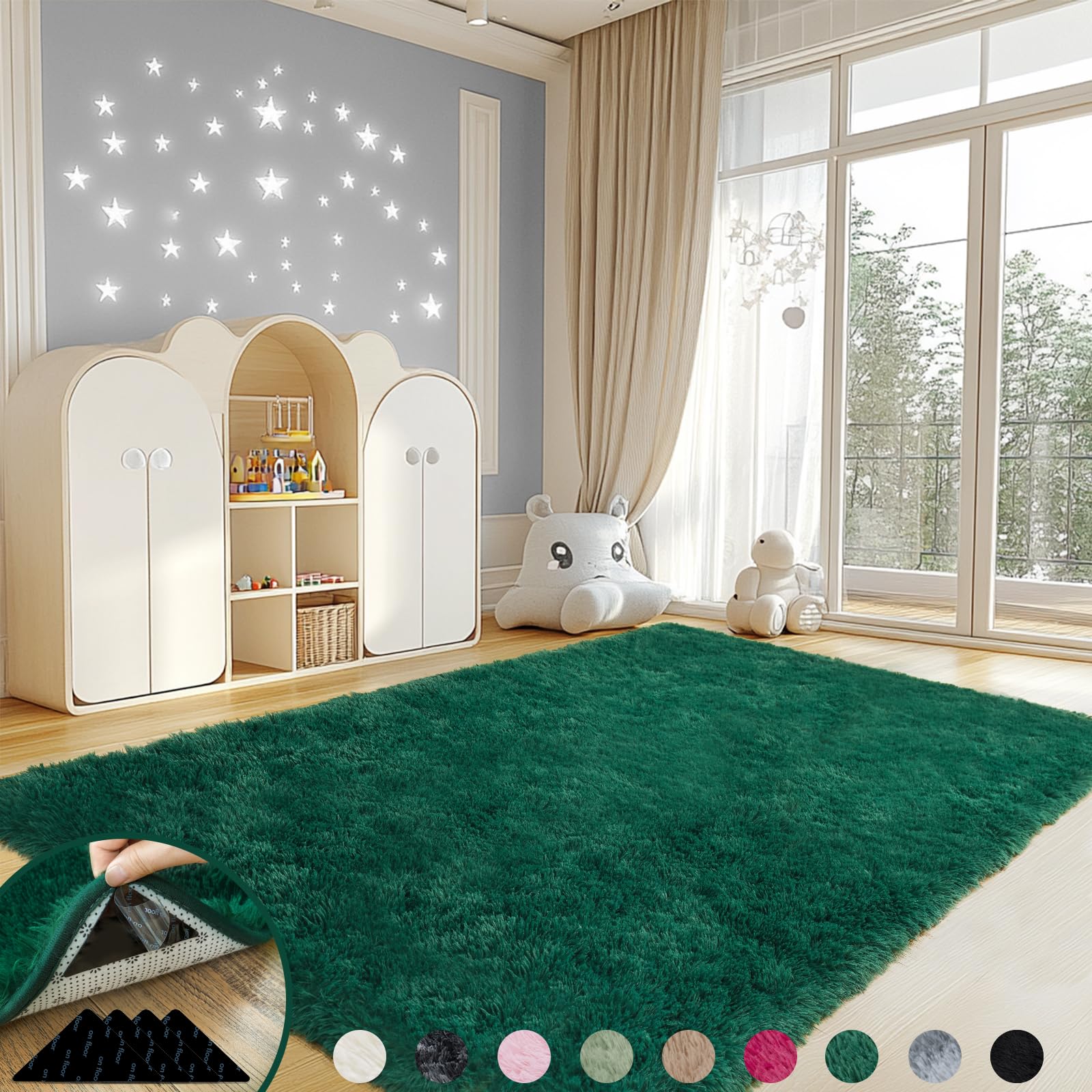 Mugorn 4x6 Rugs for Living Room, Large Fluffy Dark Green Area Rugs for Bedroom, Soft Carpet Shag Kids Rug with 4 Non-Slip Rug Pa
