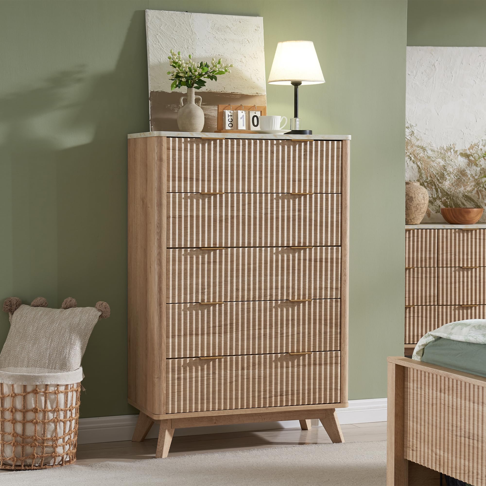 T4TREAM Fluted 5 Drawers Dresser, 48 Tall Modern Chest of Drawers with Faux Marble Top, Curved Profile Design, Wood Drawer Organ