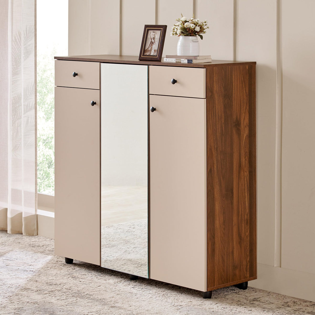 Home Centre | Addison 22 Pairs Shoe Cabinet With Drawer | Engineered Wood | Walnut | 1 Year Warranty
