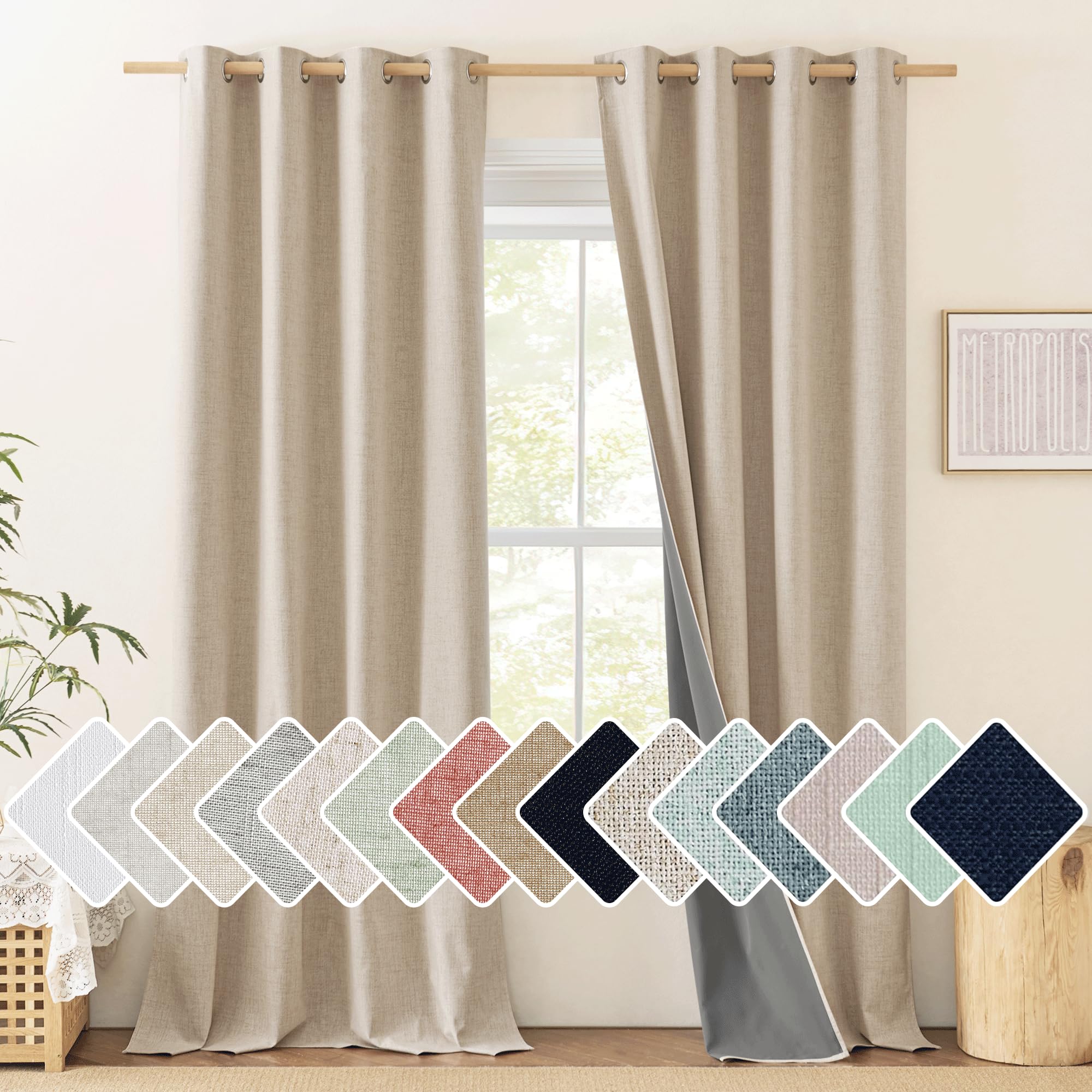 Nicetown Full Blackout Oatmeal Linen Curtains 102' Length With Thermal Insulated Liners For Living Room, 2 Panels, 52 Inches W, Farmhouse Style Keep Warm Large Window Draperies For Hall