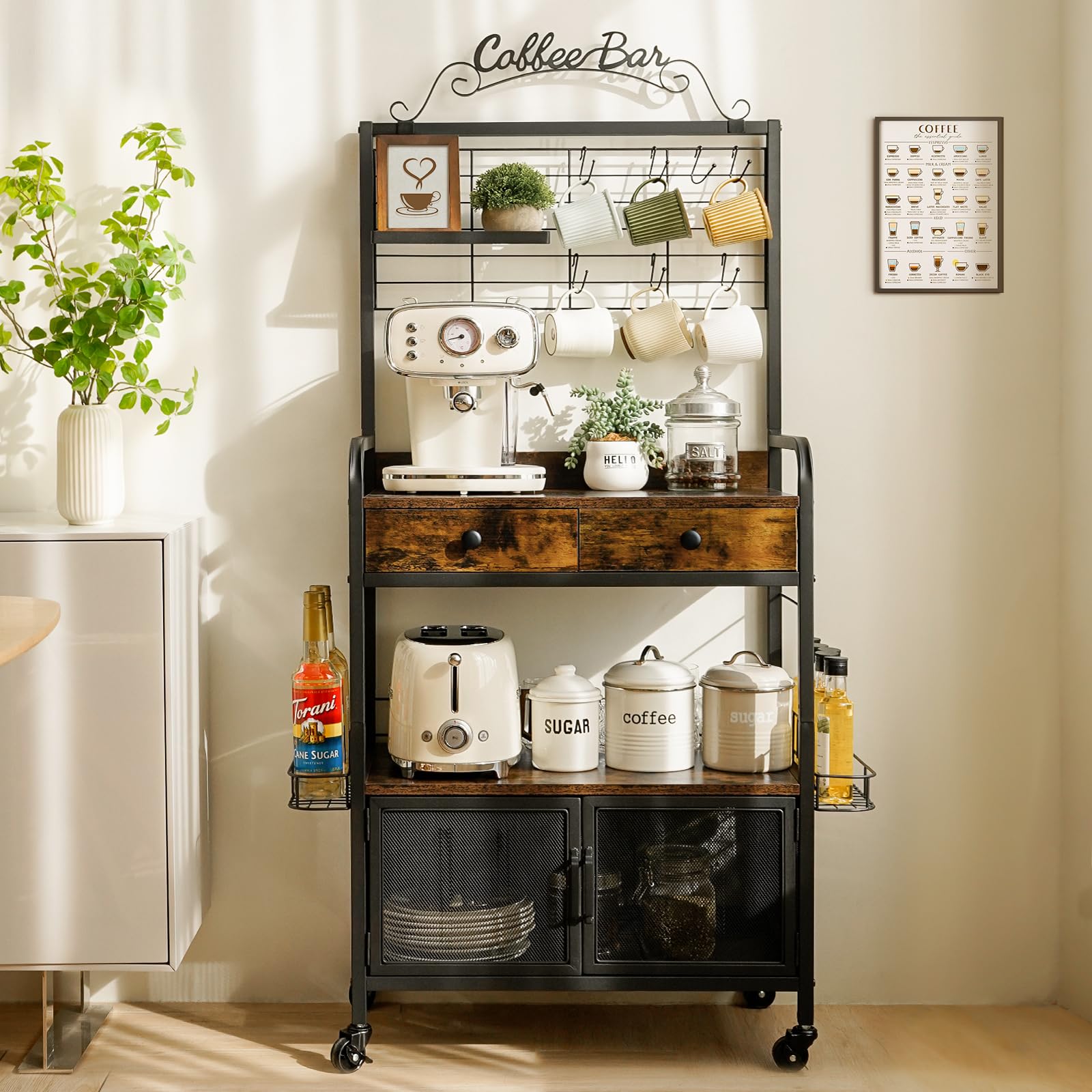 Coffee Cart with Wheels, Coffee Station with Coffee Bar Sign and Mug Hook, 3-Tier Coffee Bar Cabinet with Storage, Corner Coffee