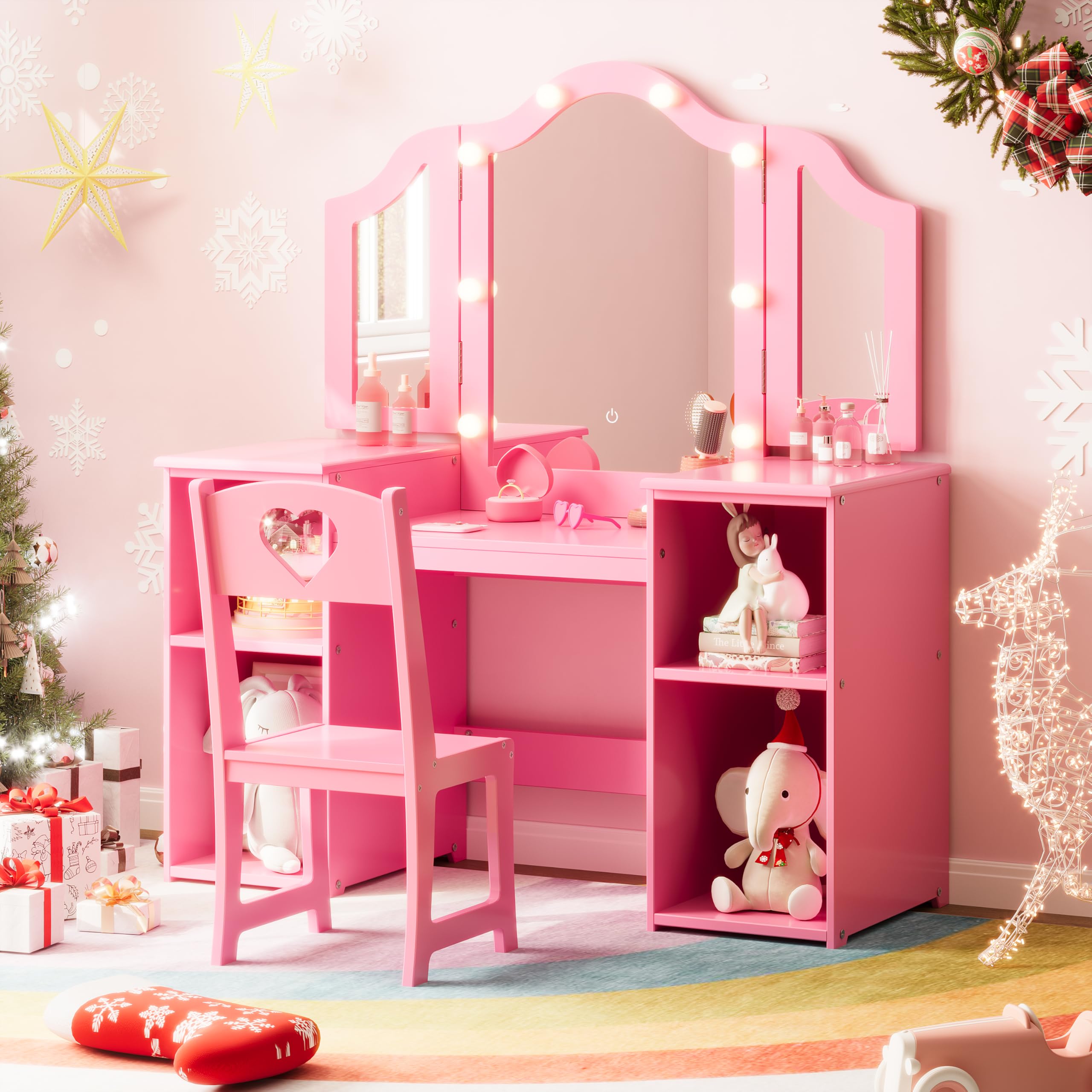 Kids Vanity Table, Princess Makeup Desk & Chair Set with touch Light Detachable Tri-Folding Mirror, Open Storage Shelves, Wooden