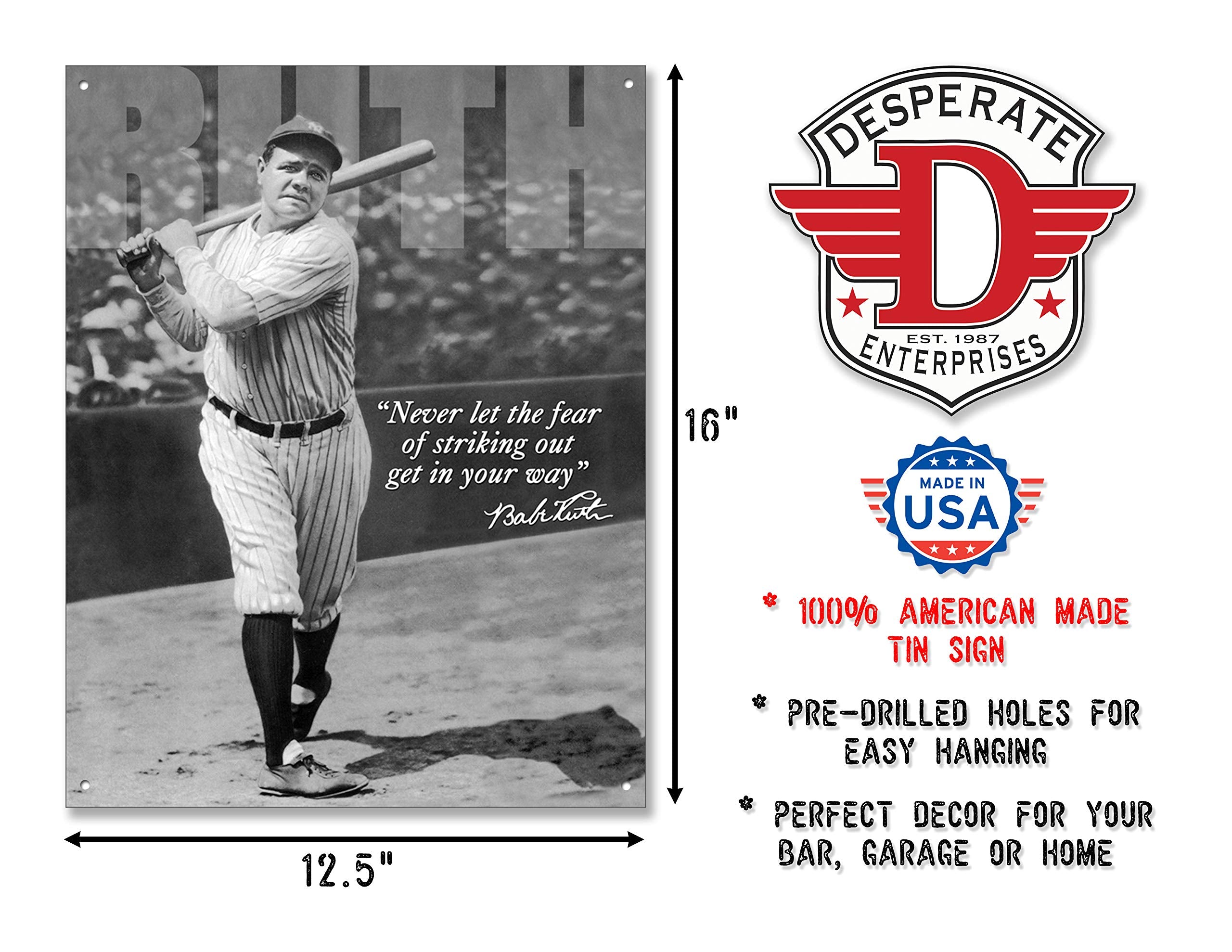Desperate Enterprises Babe Ruth No Fear Retro Tin Sign 12x16 Red, White, and Blue