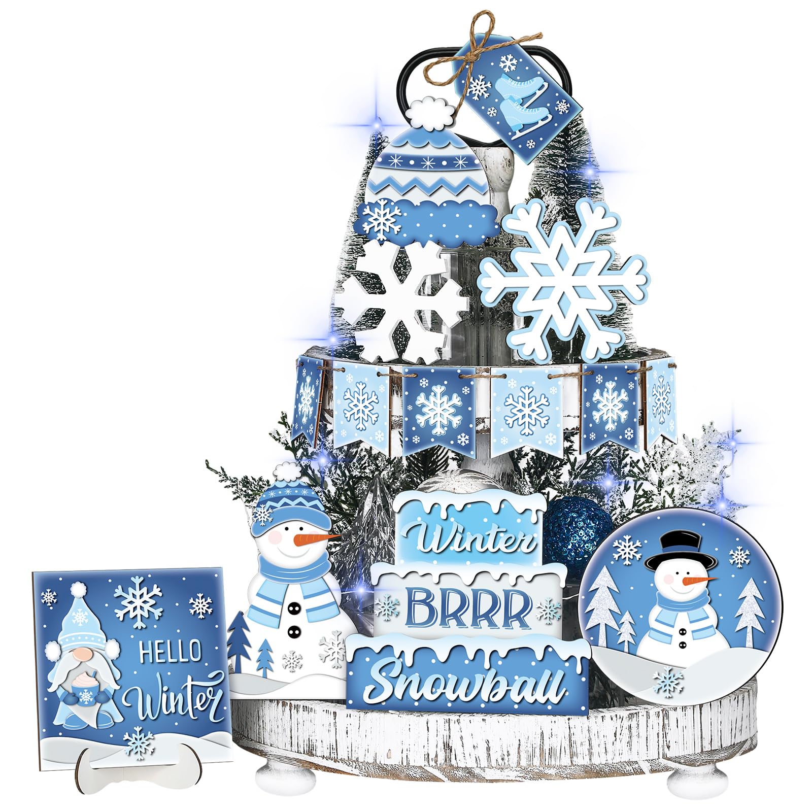 Menkxi 15 Pcs Winter Tiered Tray Decor Snowman Snowflake Tiered Tray Decorations Set Blue Rustic Farmhouse Wooden Signs Tabletop