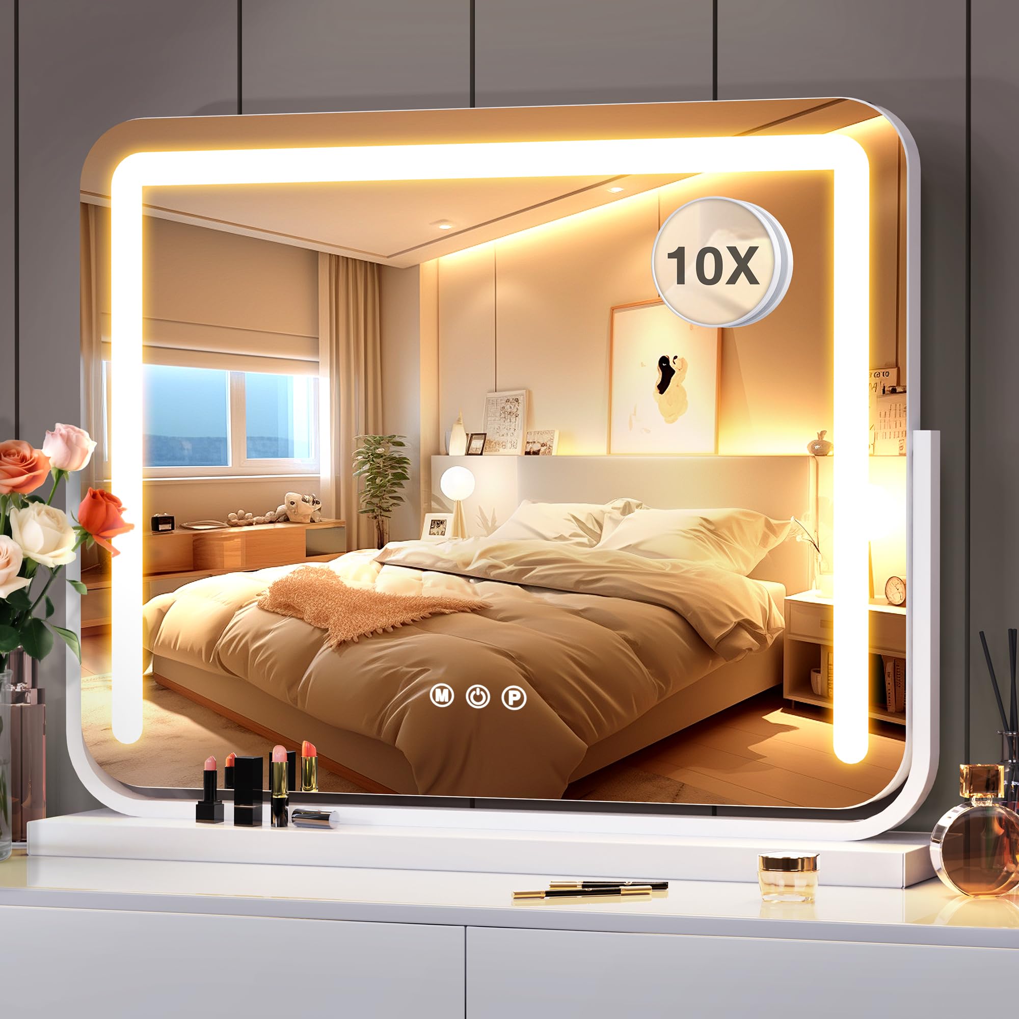 Vanity Mirror with Lights 21  15.7 LED Makeup Mirror,Dimmable Smart Touch Control Mirror with Lights for Bedroom Tabletop,10X Ma
