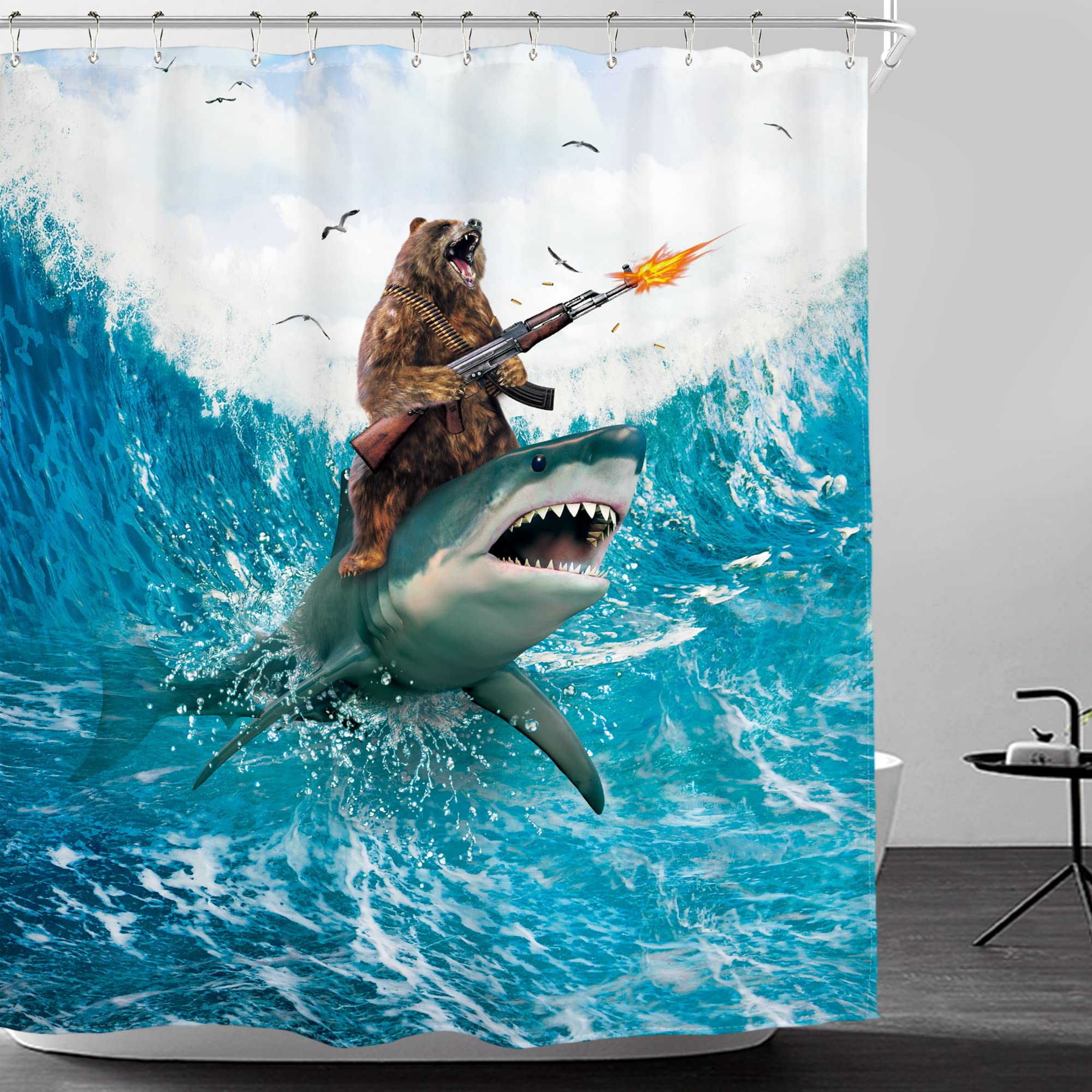 Homewelle Funny Shower Curtain Humor Shower Curtain 60Wx72H Inch Shark Kids Bear Riding Surfing Cool Animal Beach Blue Waves Oce