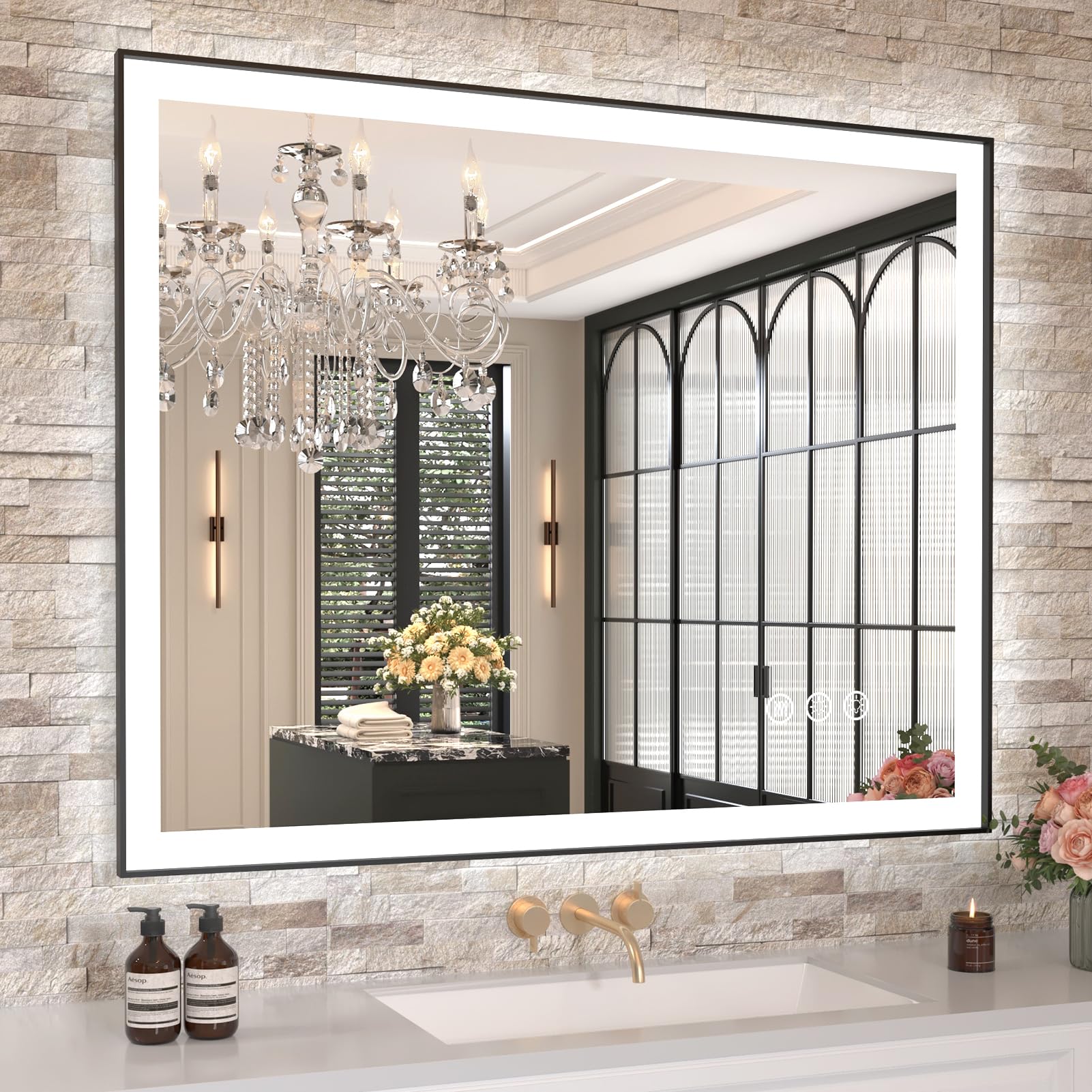 Amorho 40x 32 LED Bathroom Mirror with Black Frame, Front Light and Backlit(Controlled Separately), Stepless Dimmable, Anti-Fog,
