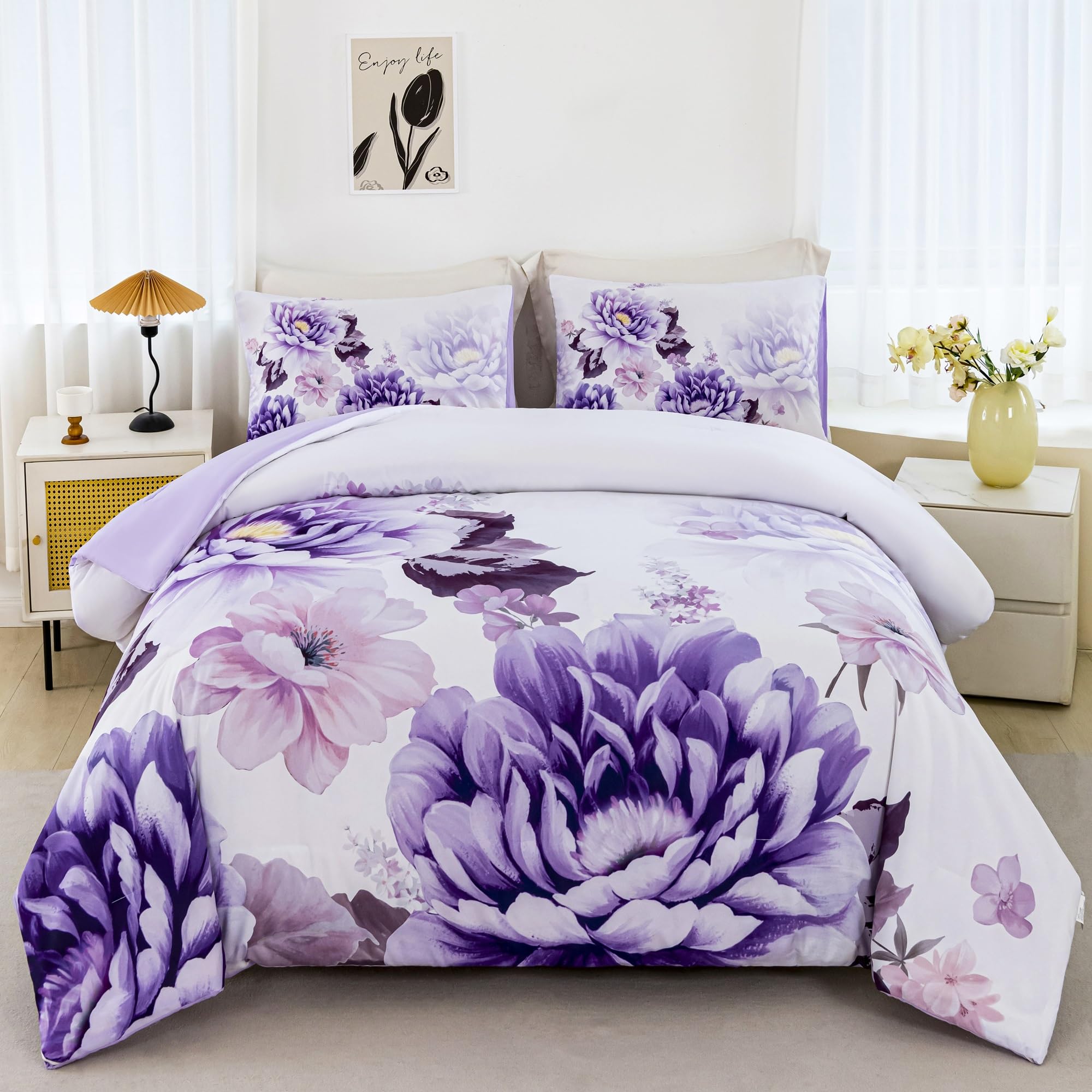 Rynghipy Purple Floral Comforter Set: Lightweight Soft Bedding Comforter Sets For All Season - Farmhouse Flower Bedding Set Full