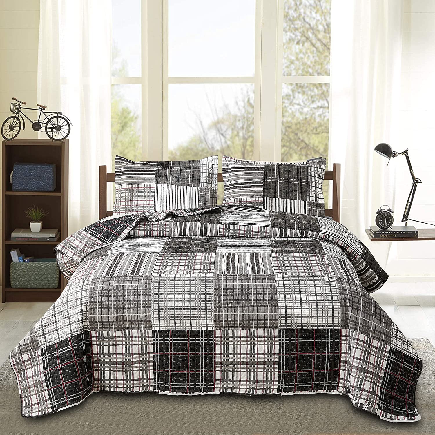 Bedspread Set Twin Size Quilt Set Plaid Bed Spread Coverlet Black White Grey Plaid Patchwork Stripe Modern Quilt Bedspread Beddi