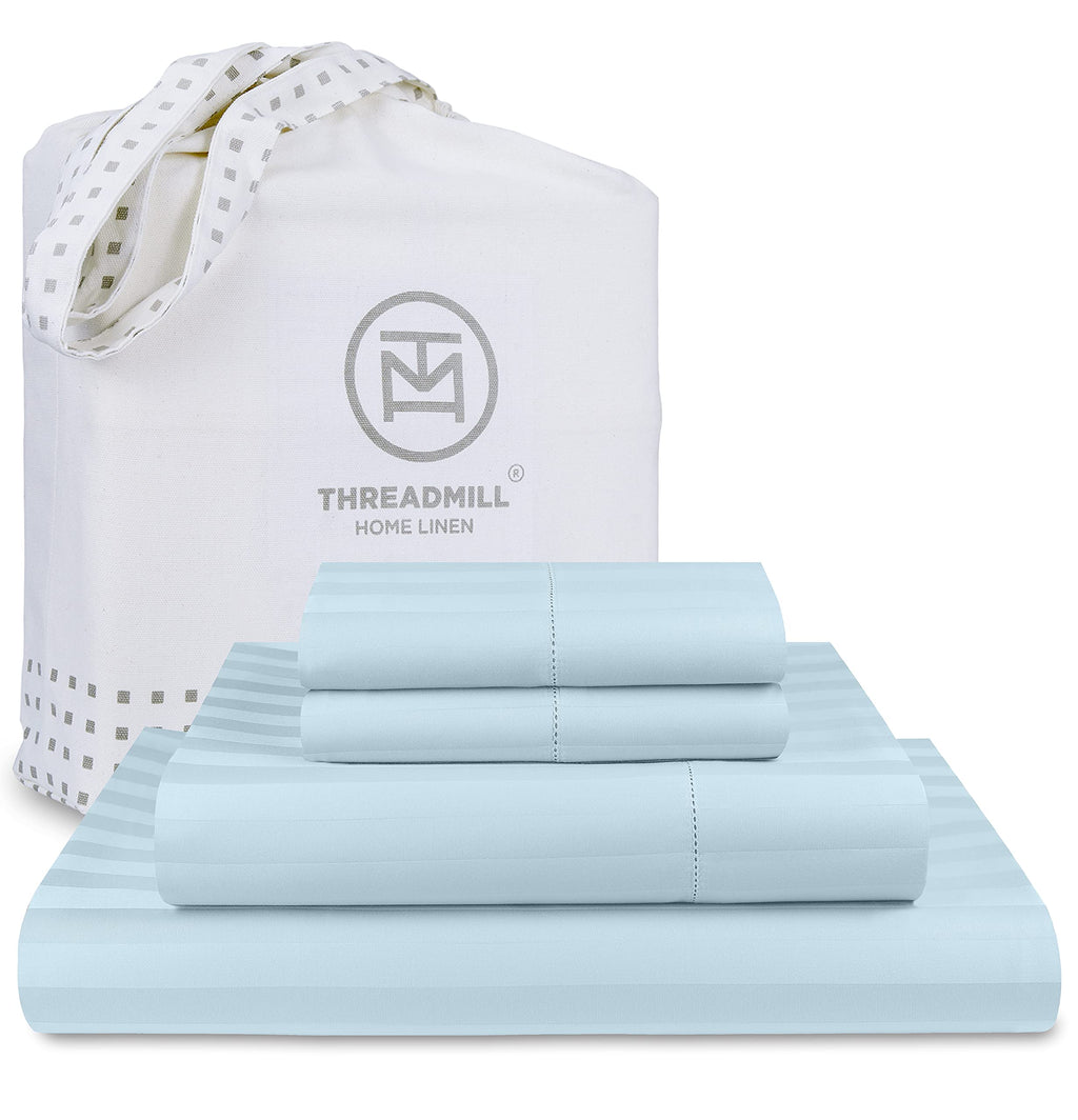 Threadmill 500 Thread Count King Size Damask Stripe, 4 Pc Luxury Cotton Bed Sheet Set, Breathable Light Blue Sheets with 16'' El