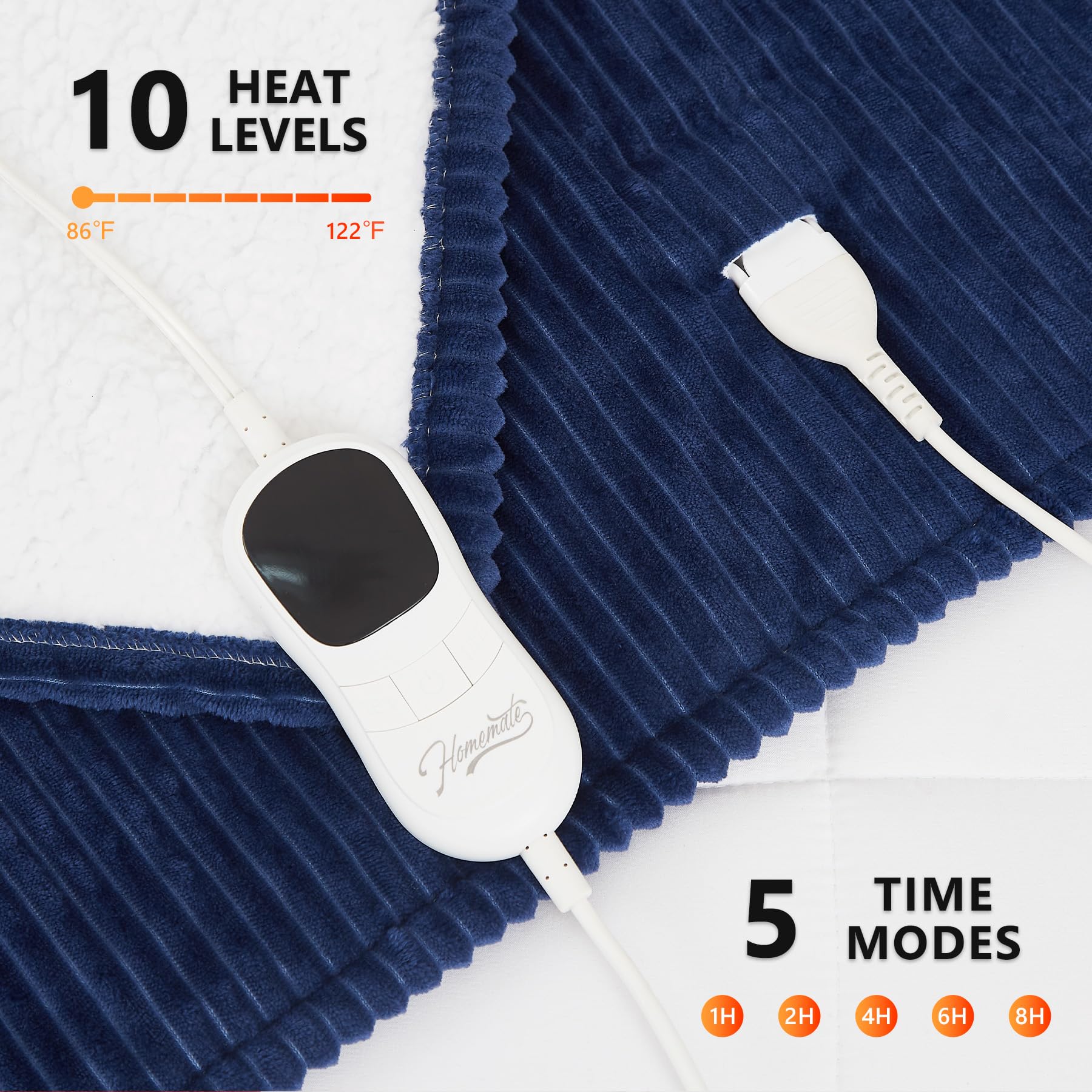 Homemate Heated Blanket Electric Throw - 50''X60'' Heating Blanket Throw 1/2/4/6/8 Hours Auto-Off 10 Heat Levels Heat Blanket Ov