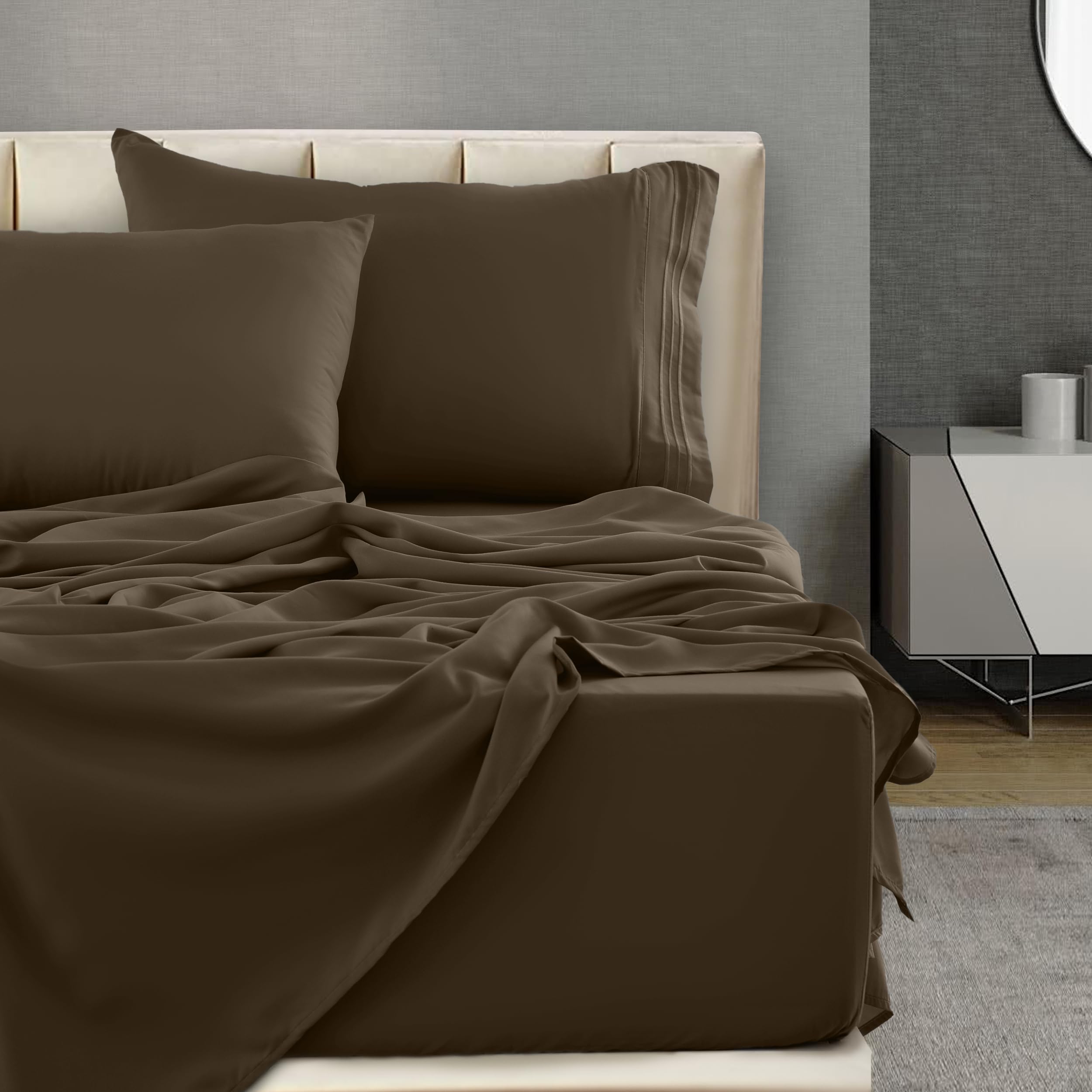 Ldc Twin Xl Sheet Set - 4 Pc Brushed Microfiber Bed Sheets 16 Inches Deep Pockets -Embroidered & Plain Pillowcases - Hotel Luxur