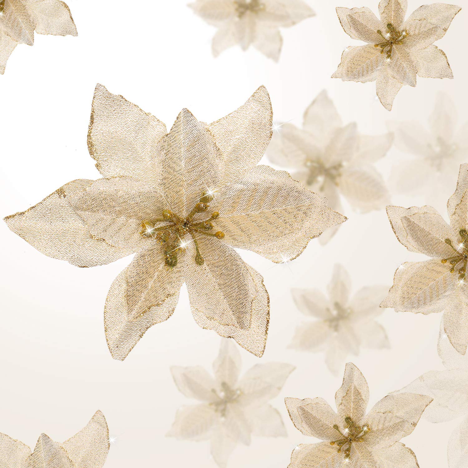 WILLBOND 36 Pcs Christmas Tree Poinsettia Flowers Artificial Glitter Decorations for Home and Outdoor in 3 Sizes (Gold, 3/4/6 in
