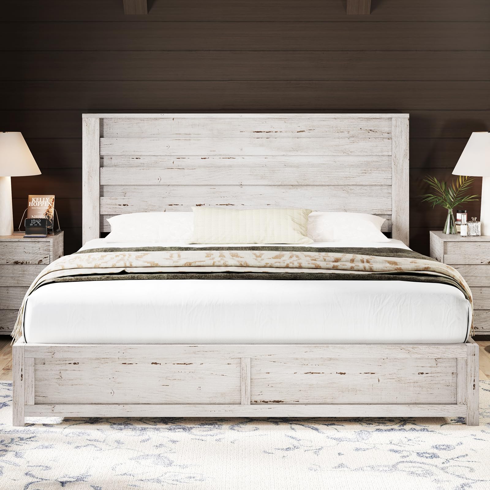 AMERLIFE Farmhouse King Size Bed Frame with 49 Fluted Headboard, Wood Platform Bed with Natural Wood Grain, No Box Spring Needed