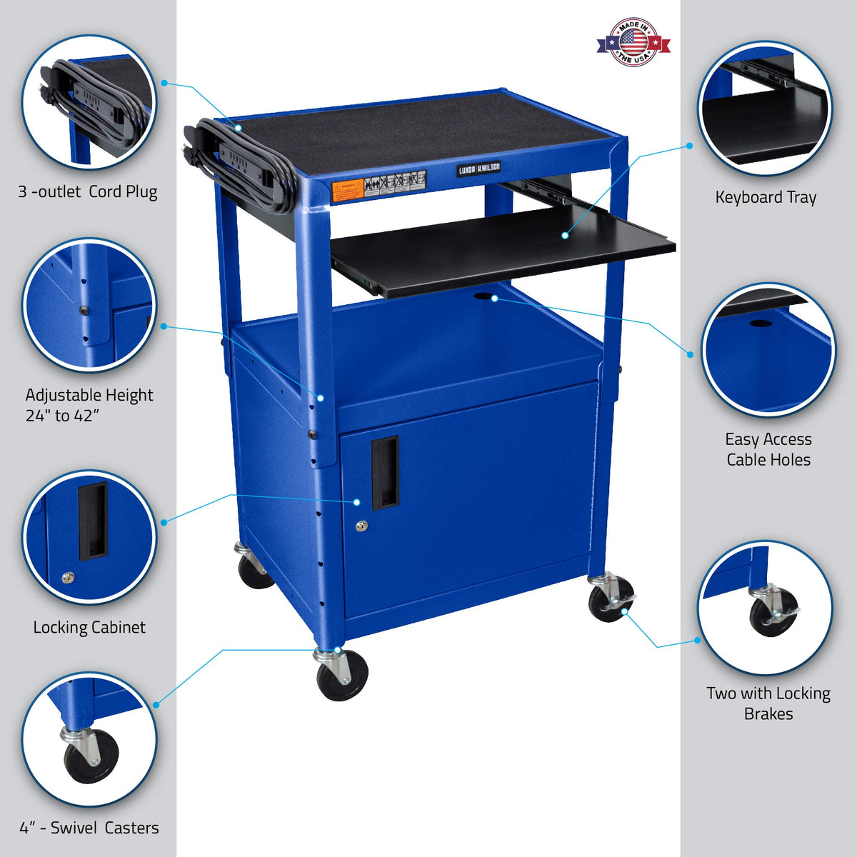 LUXOR AVJ42KBC-RB Steel AV Cart with Adjustable Height, Storage Cabinet and Keyboard Pullout Tray, Blue