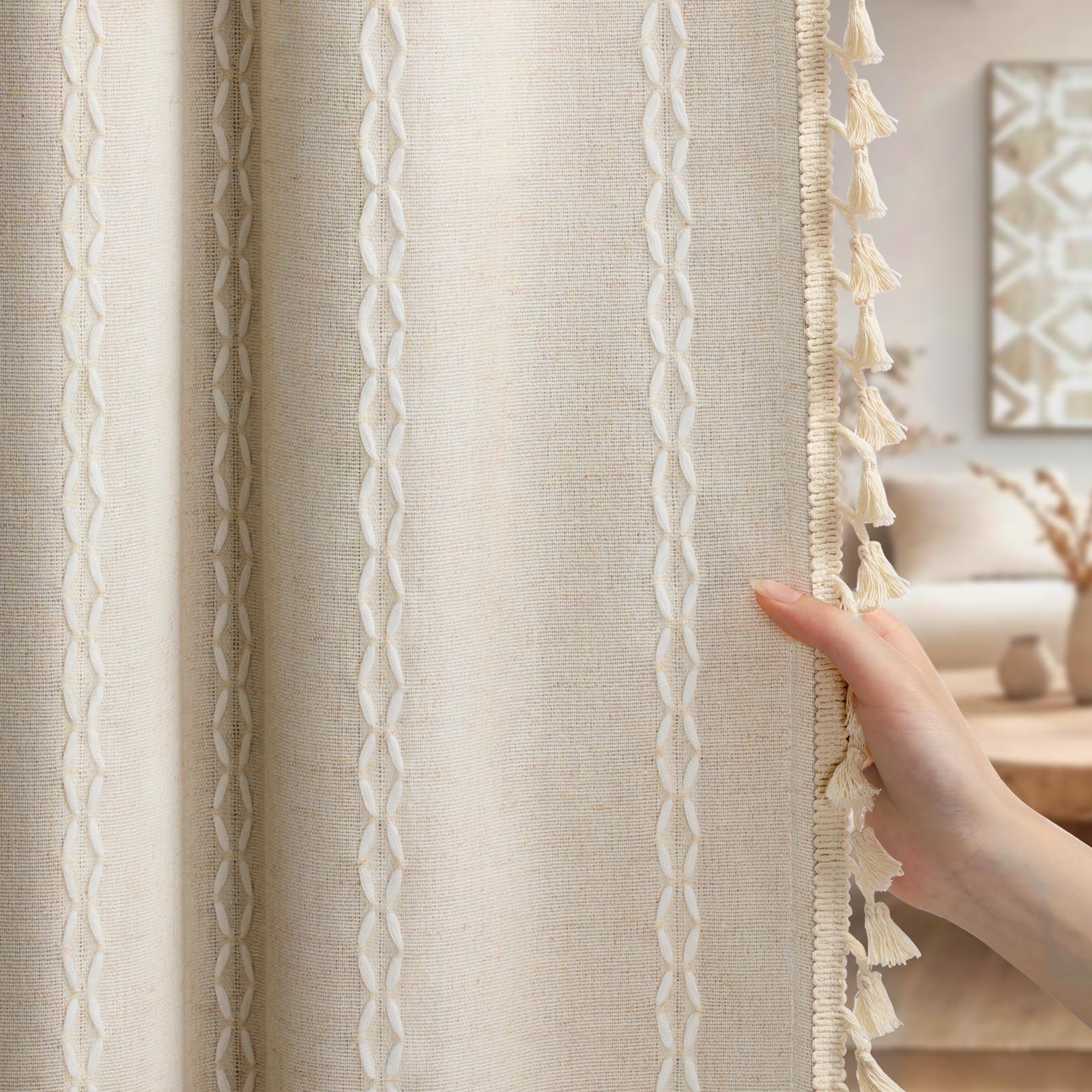 XOGUIBO Boho Blackout Curtains 2 Panels 84 Inch for Living Room Bedroom, Beige Linen Texture Farmhouse Curtains with Tassels and
