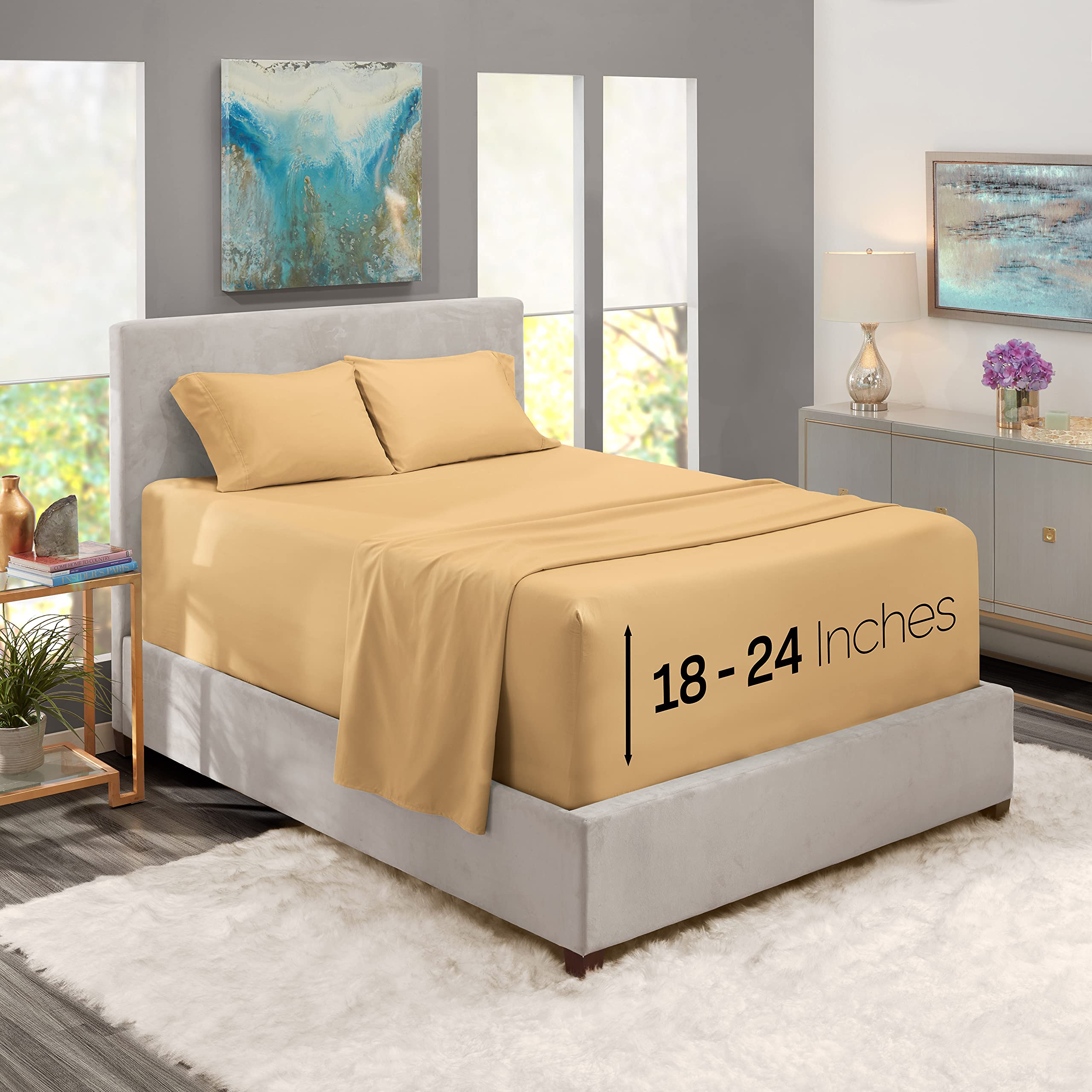 Nestl Extra Deep Pocket Sheets - Fits Mattress 18-24 Inches Deep, Extra Deep Pocket Queen Sheets Sets, 4 Piece Queen Size Sheets, Queen Sheets Deep Pocket, Camel Gold Queen