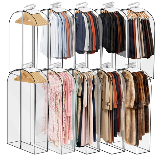 10 Pack Clear Garment Bags for Hanging Clothes 40&50 Long Clothes Storage Bag with Zippers on Double Sides 10 Gusseted Plasti