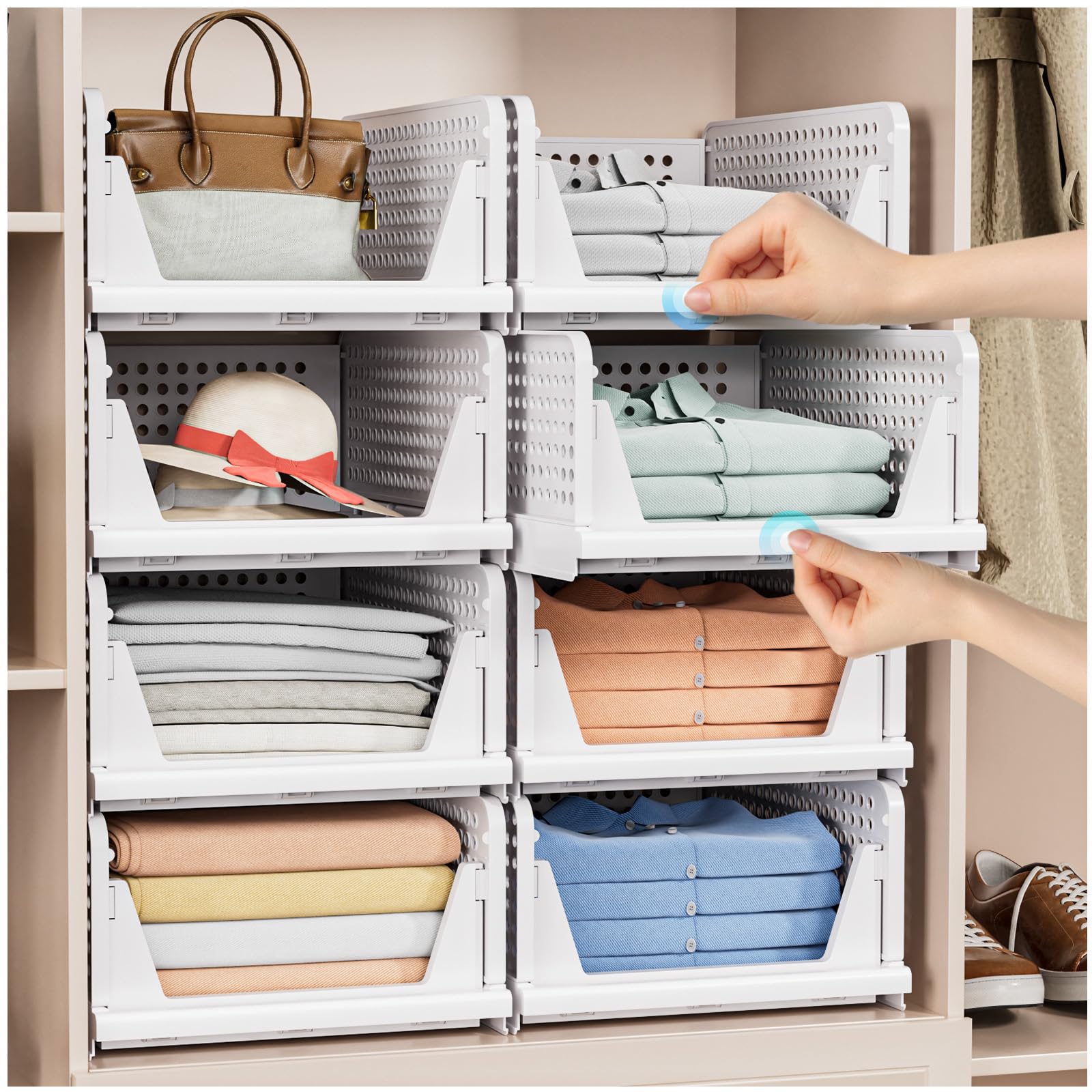 5 Pack Stackable Closet Organizer Box - Stackable Storage Bins, Plastic Storage Basket Foldable Closet Storage Basket for Wardro