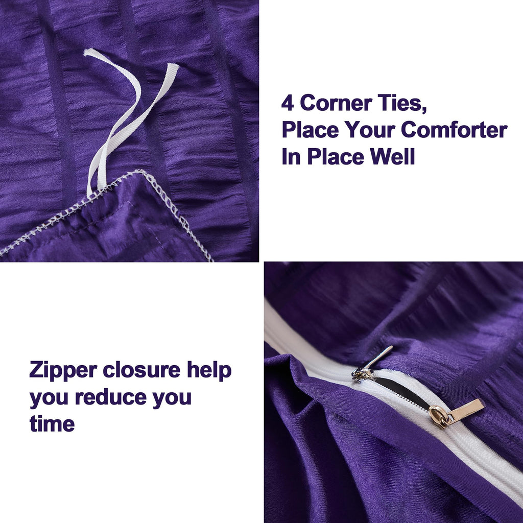 Avelom Dark Purple Duvet Cover Full(80 X 90 Inches), 3 Pieces (1 Duvet Cover, 2 Pillow Cases),Seersucker Tripe Soft Washed Microfiber Textured Duvet Cover Set With Zipper Closure, Corner Ties