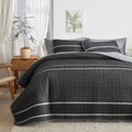 Flysheep Dark Grey Boho Quilt Set Full Queen Size, 3 Pcs White Striped On Gray Reversible Bedspread, Brushed Microfiber Coverlet