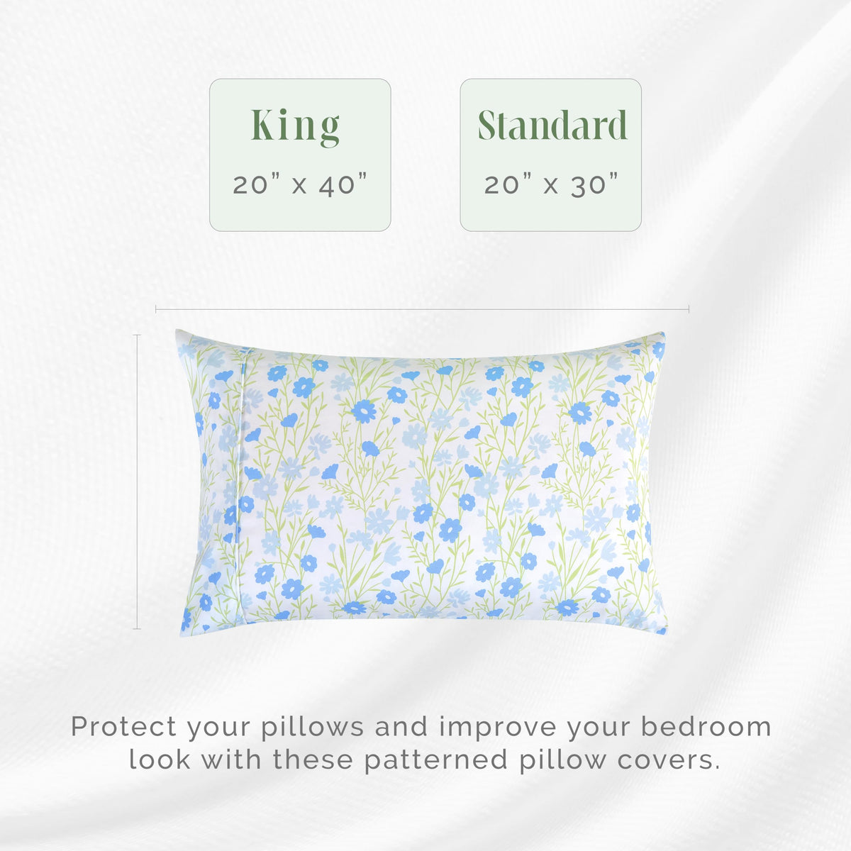 Elegant Comfort Ultra Soft Set Of 2 Floral Print Pillowcases - 1500 Premium Hotel Quality Microfiber, Soft And Smooth Envelope Closure 2-Piece Pillow Covers - King, Blue Laurel