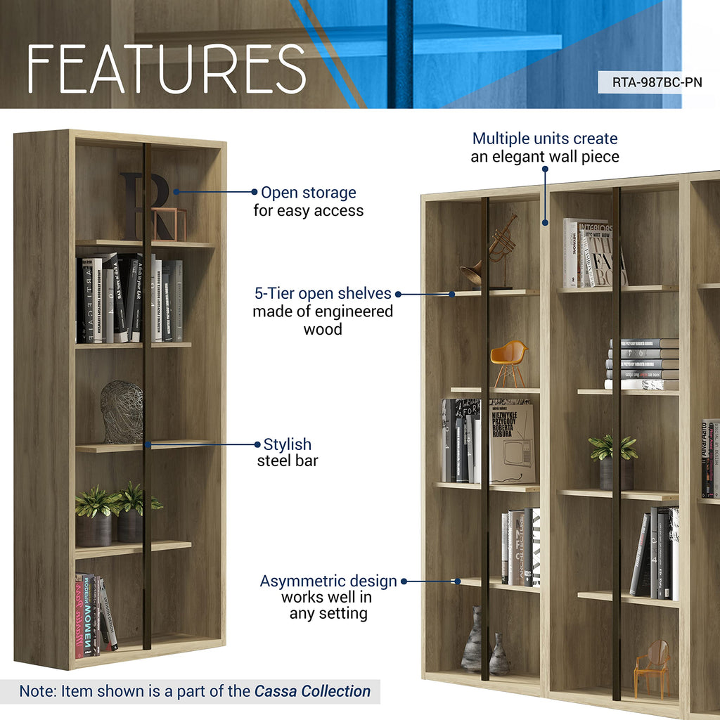 Techni Mobili 5 Shelf Bookcase - Pine Vertical Standing Wood Bookshelf For Living Room, Bedroom, & Home Office - Staggered Bookcase With Asymmetrical Shelves & Heavy Duty Steel Bar Cassa Collection