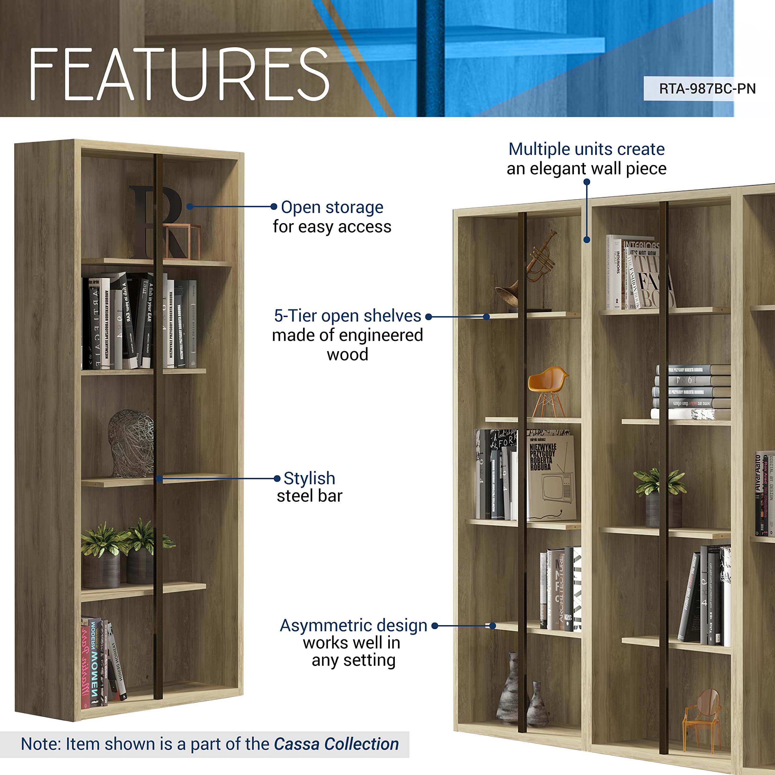 Techni Mobili 5 Shelf Bookcase - Pine Vertical Standing Wood Bookshelf For Living Room, Bedroom, & Home Office - Staggered Bookcase With Asymmetrical Shelves & Heavy Duty Steel Bar Cassa Collection