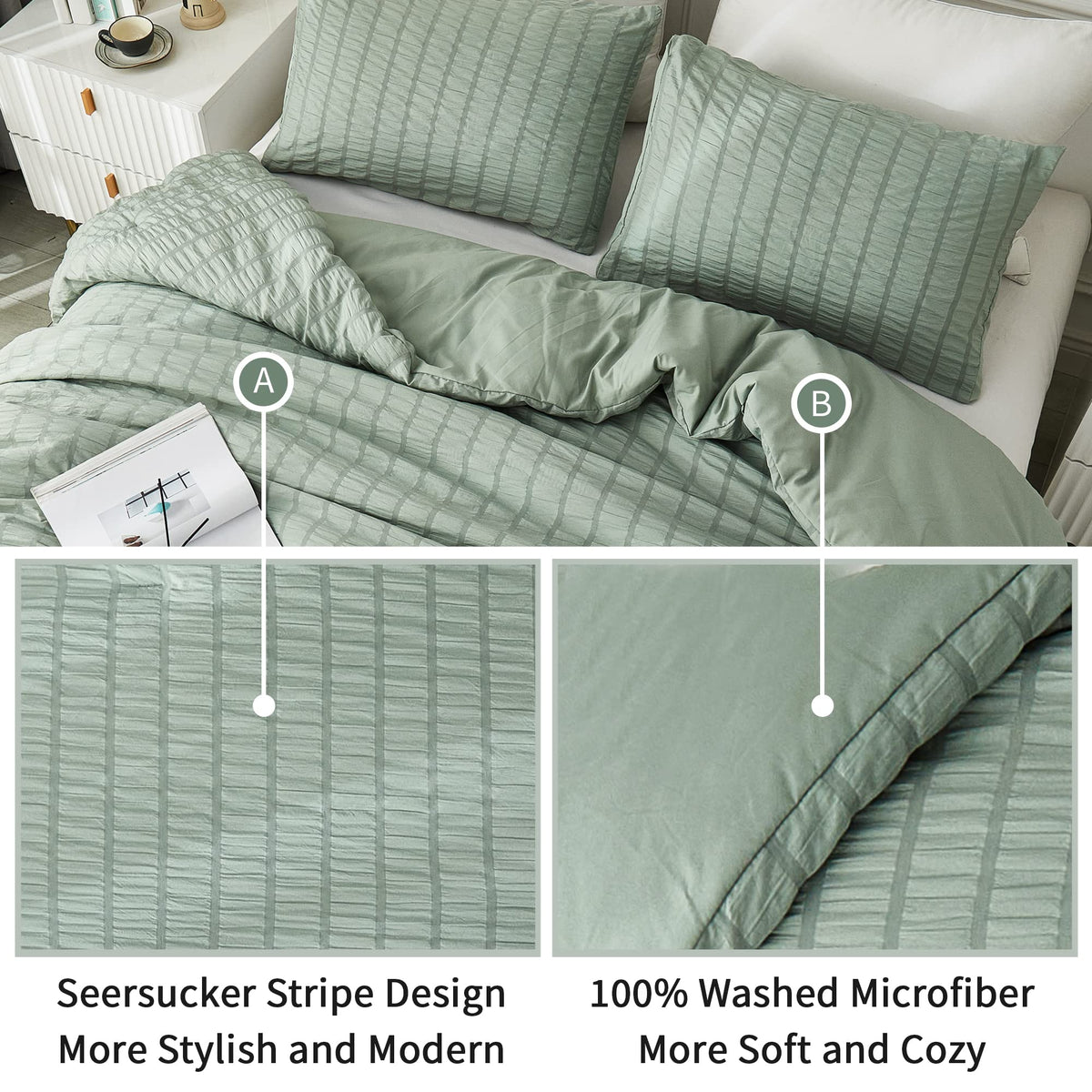Avelom Sage Green Seersucker Twin/Twin Xl Comforter Set (68X90 Inches), 2 Pieces-100% Soft Microfiber Lightweight Comforter With 1 Pillowcase, All Season Down Alternative Comforter Set For Bedding