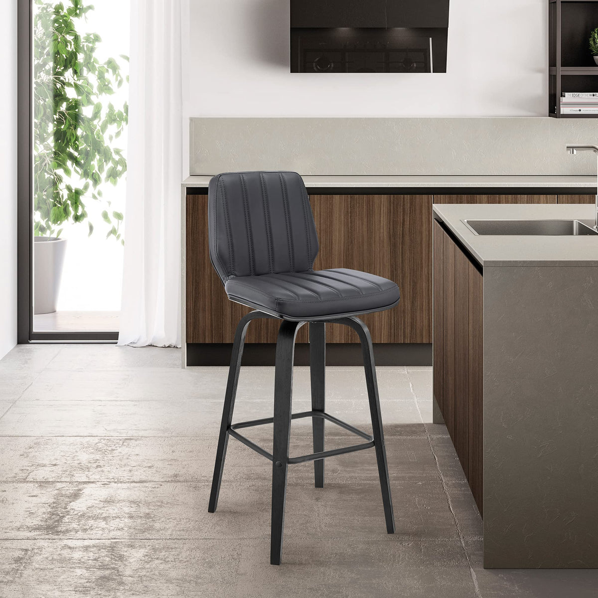 Armen Living Renee 26 '' Swivel Gray Faux Leather and Black Wood Bar Stool