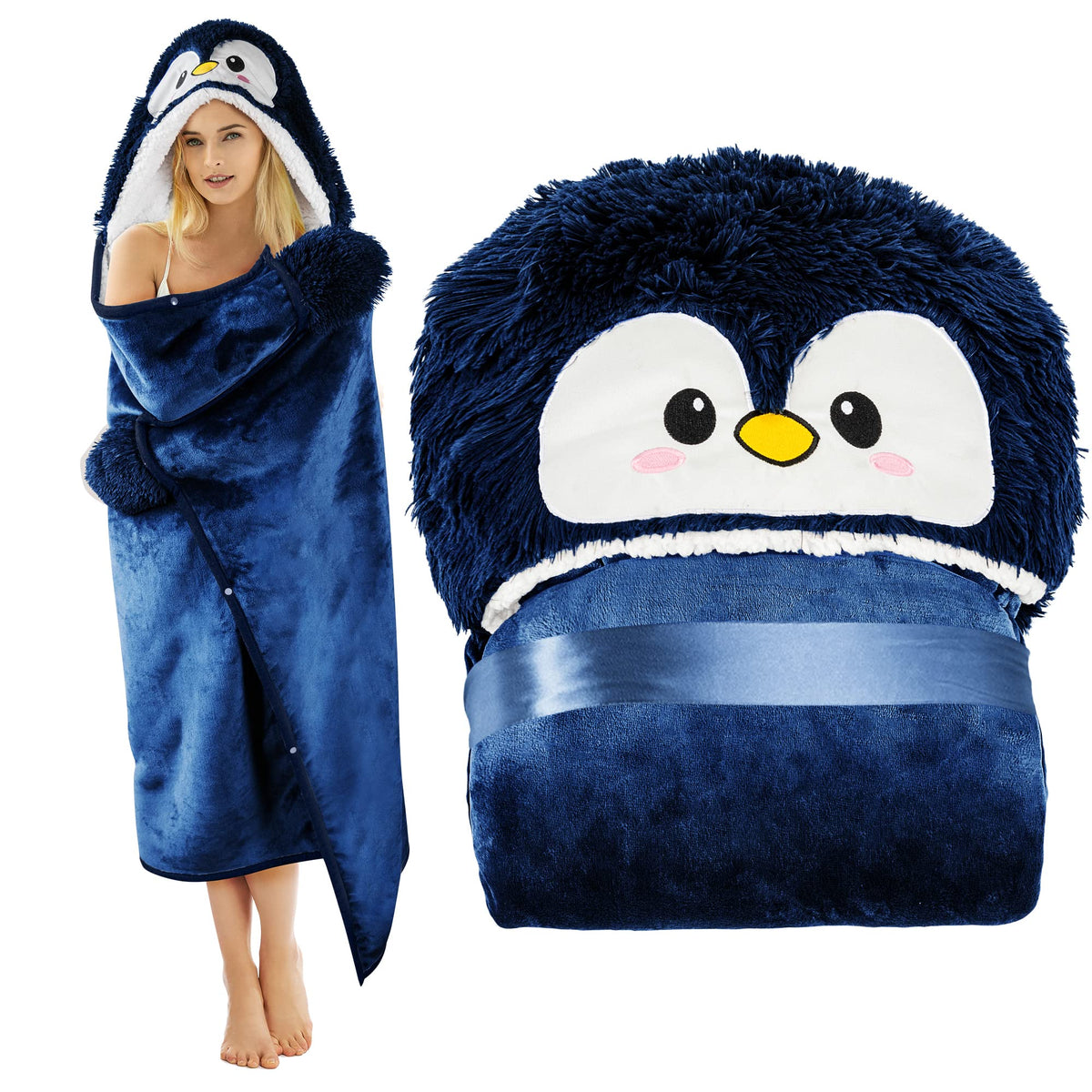 Penguin Wearable Hooded Blanket For Adults - Super Soft Warm Cozy Plush Flannel Fleece & Sherpa Hoodie Throw Cloak Wrap - Pengui