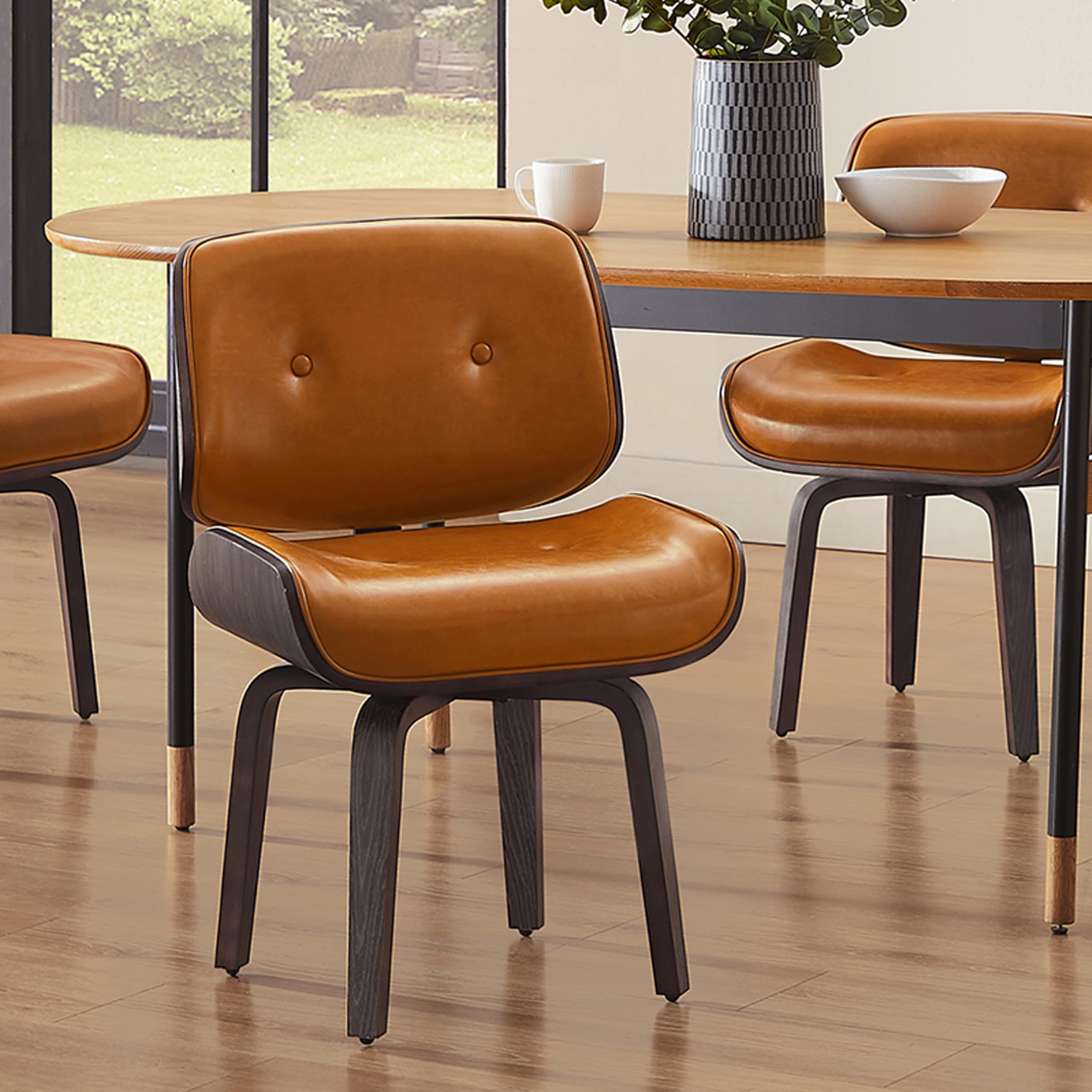 Art Leon Mid Century Desk Chair - Faux Leather Upholstered Swivel Accent Chair, Office Chair No Wheels, Bentwood Chair with Soli