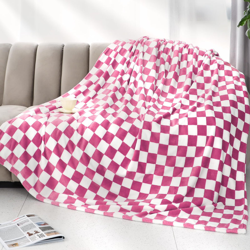Pink Checkered Blanket Soft Fuzzy Throw Fleece Blanket Checkerboard Cute Decor Stuff For Bed Couch