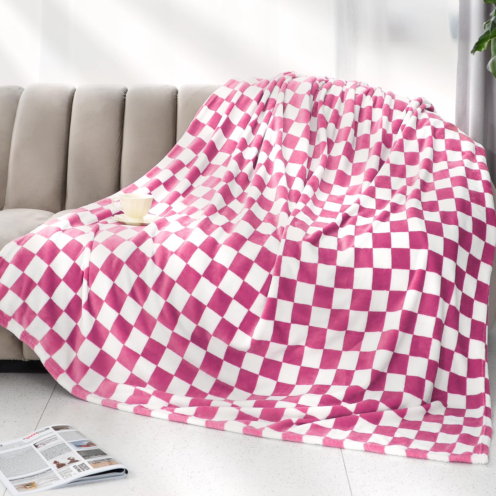 Pink Checkered Blanket Soft Fuzzy Throw Fleece Blanket Checkerboard Cute Decor Stuff For Bed Couch